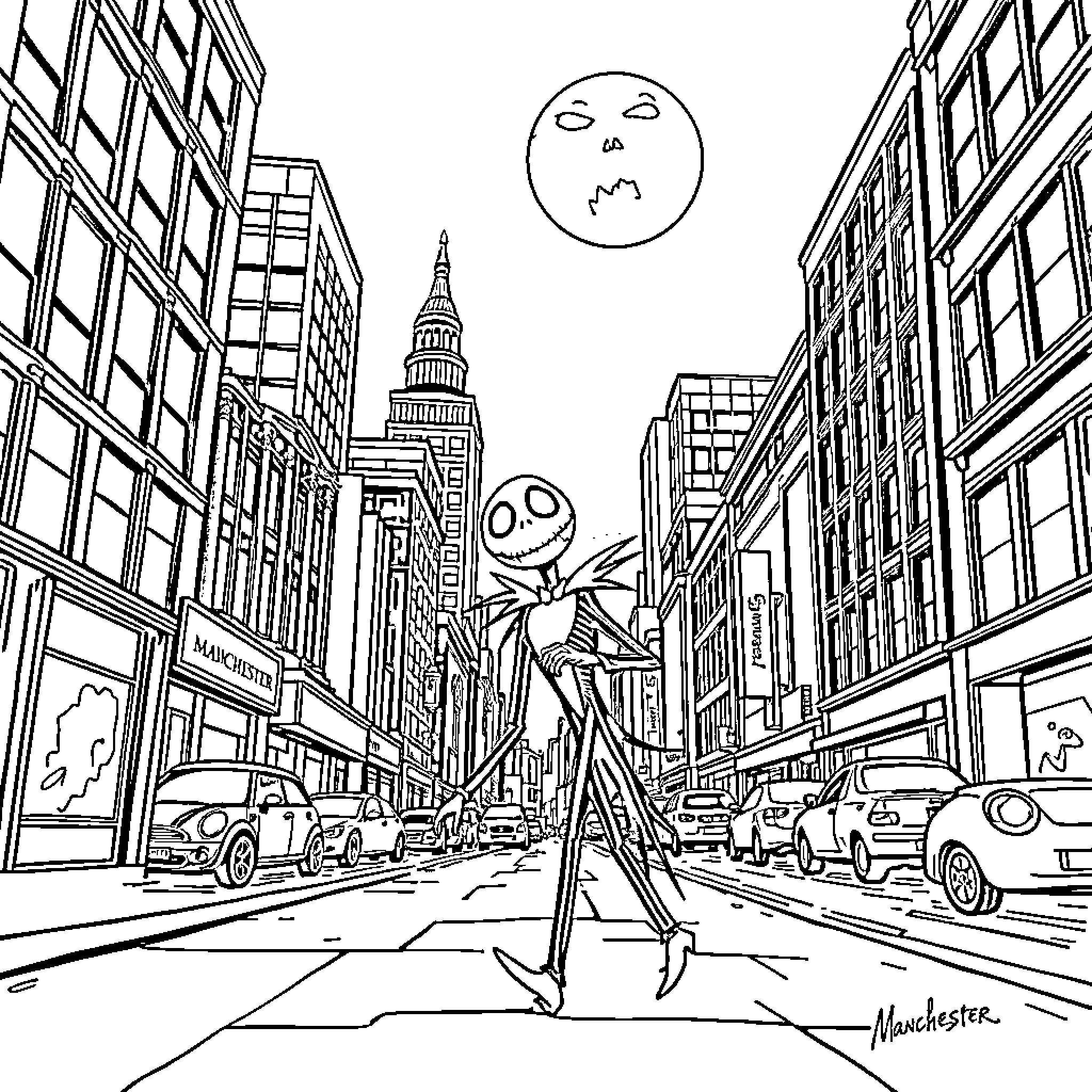 Jack Skellington exploring the bustling city streets Coloring Page (free black-and-white line drawing printable PDF for all, from beginners to advanced learners, including children, teens, adults, and seniors)