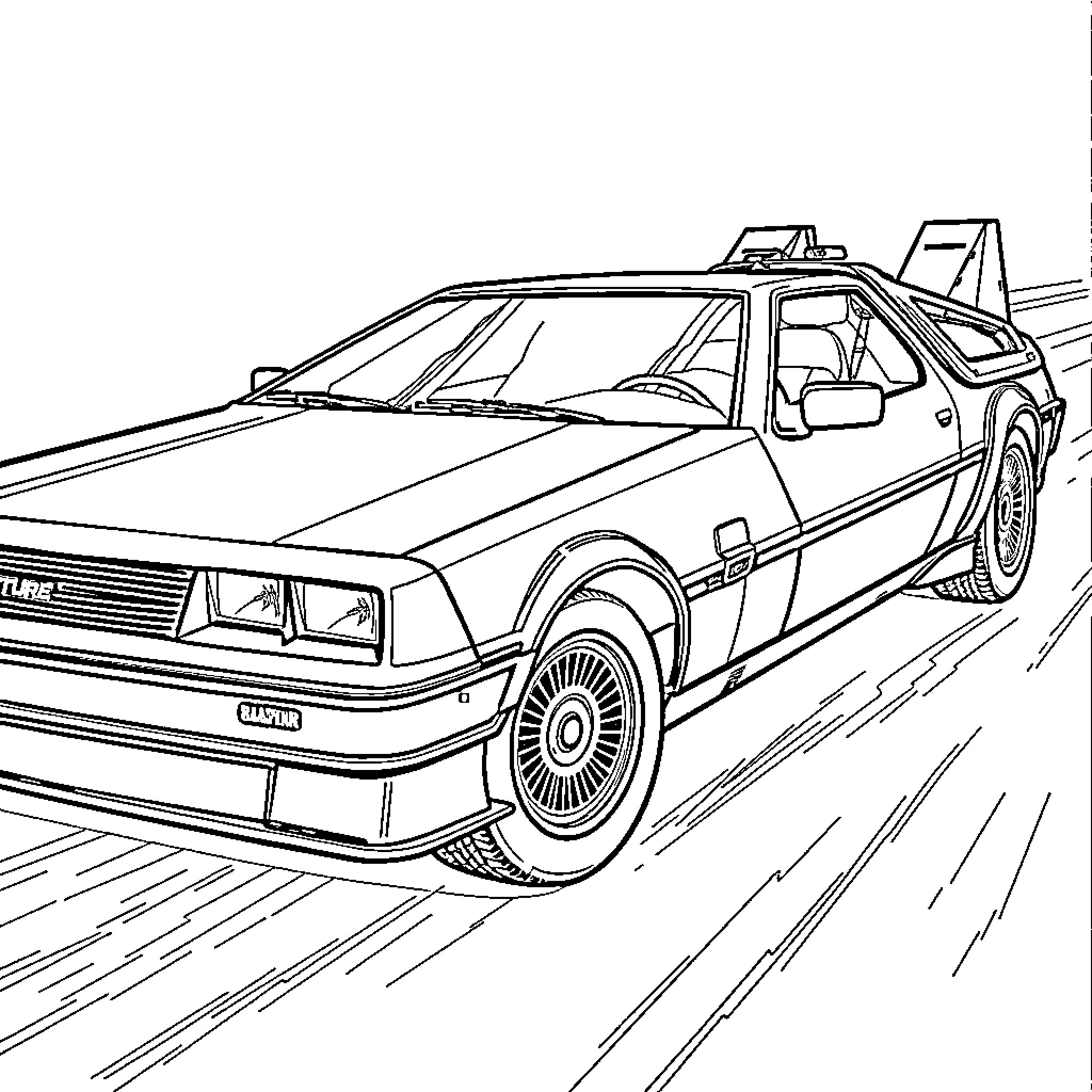 Car speeding down the road Coloring Page (free black-and-white line drawing printable PDF for all, from beginners to advanced learners, including children, teens, adults, and seniors)