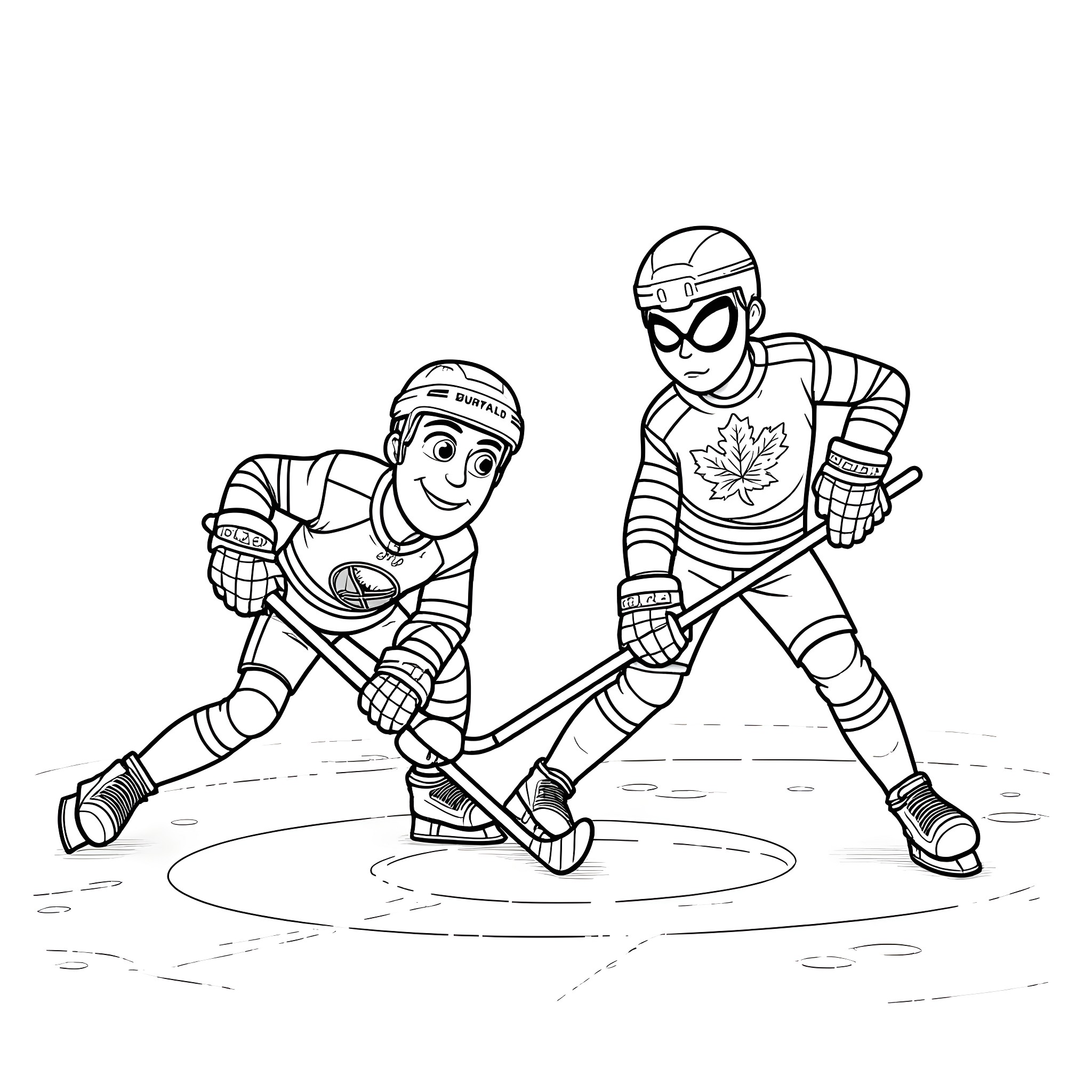 Woody and friend playing ice hockey on the rink Coloring Page (free black-and-white line drawing printable PDF for all, from beginners to advanced learners, including children, teens, adults, and seniors)