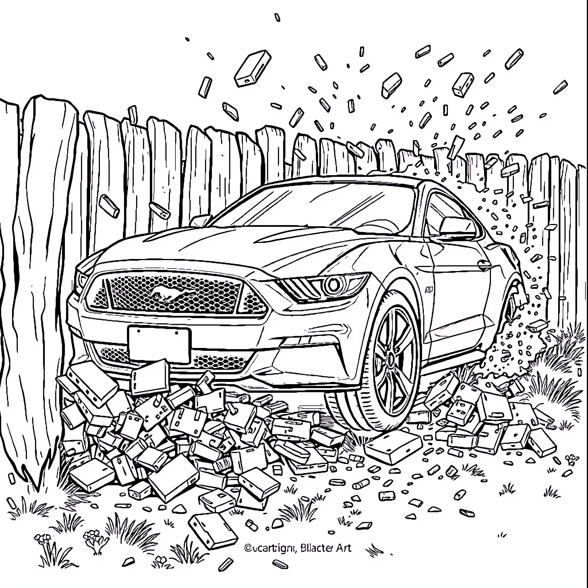 Ford Mustang Crashes Through Debris and Chaos Coloring Page (free black-and-white line drawing printable PDF for all, from beginners to advanced learners, including children, teens, adults, and seniors)