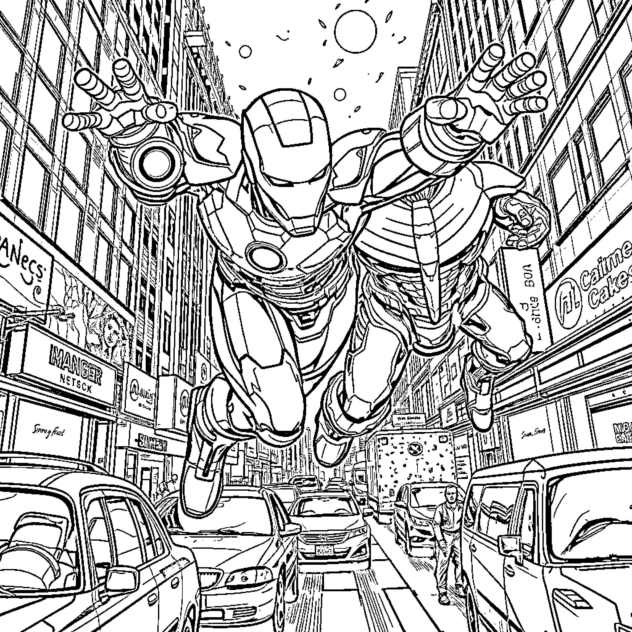 Ironman soaring over the bustling city streets Coloring Page (free black-and-white line drawing printable PDF for all, from beginners to advanced learners, including children, teens, adults, and seniors)