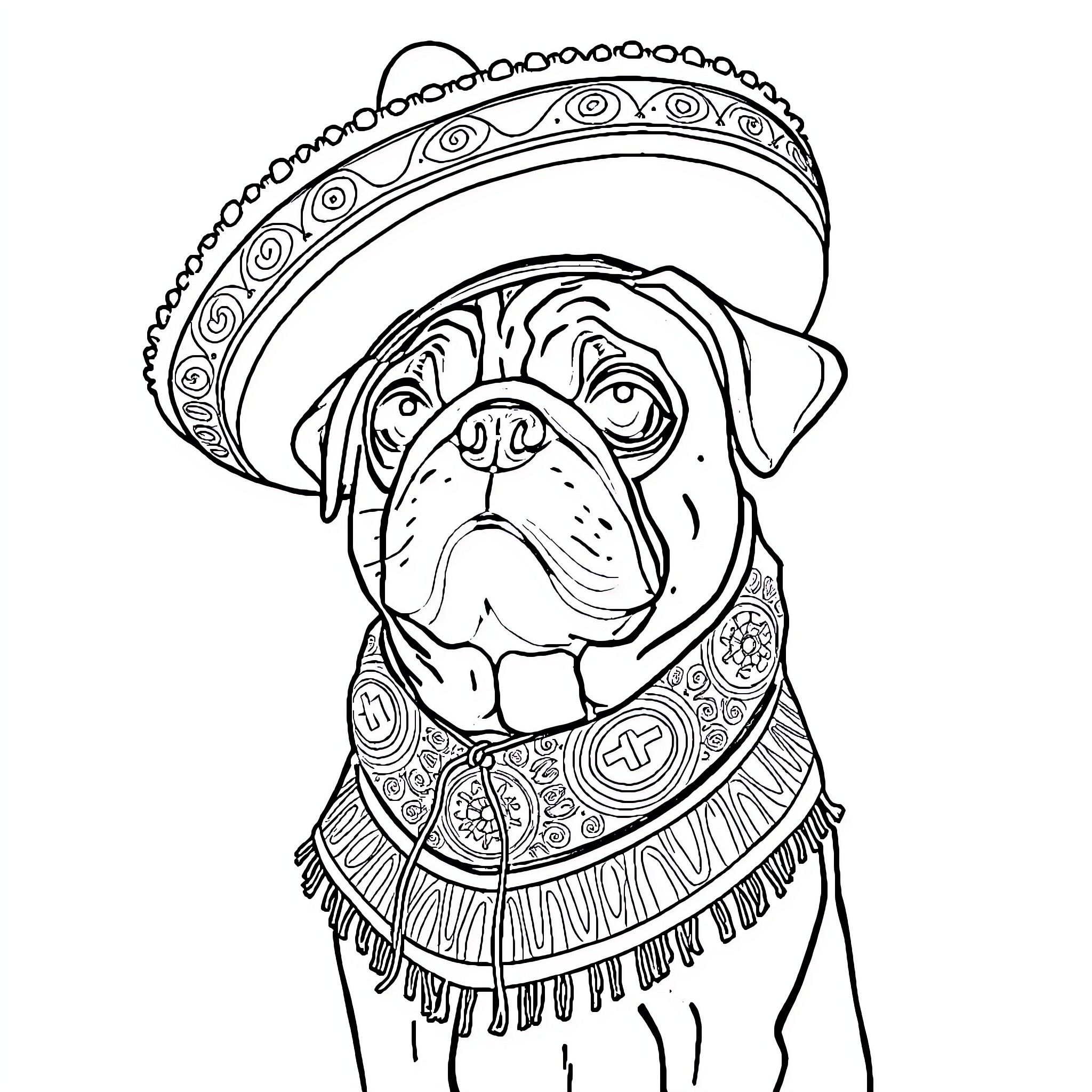 Pug wearing festive sombrero and decorated outfit Coloring Page (free black-and-white line drawing printable PDF for all, from beginners to advanced learners, including children, teens, adults, and seniors)