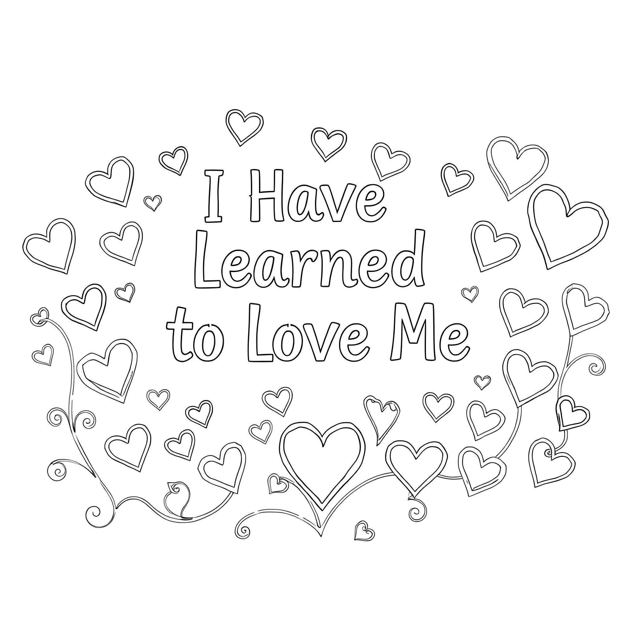 Heart-shaped doodles with 'I Have Learned to Love Me' Coloring Page (free black-and-white line drawing printable PDF for all, from beginners to advanced learners, including children, teens, adults, and seniors)