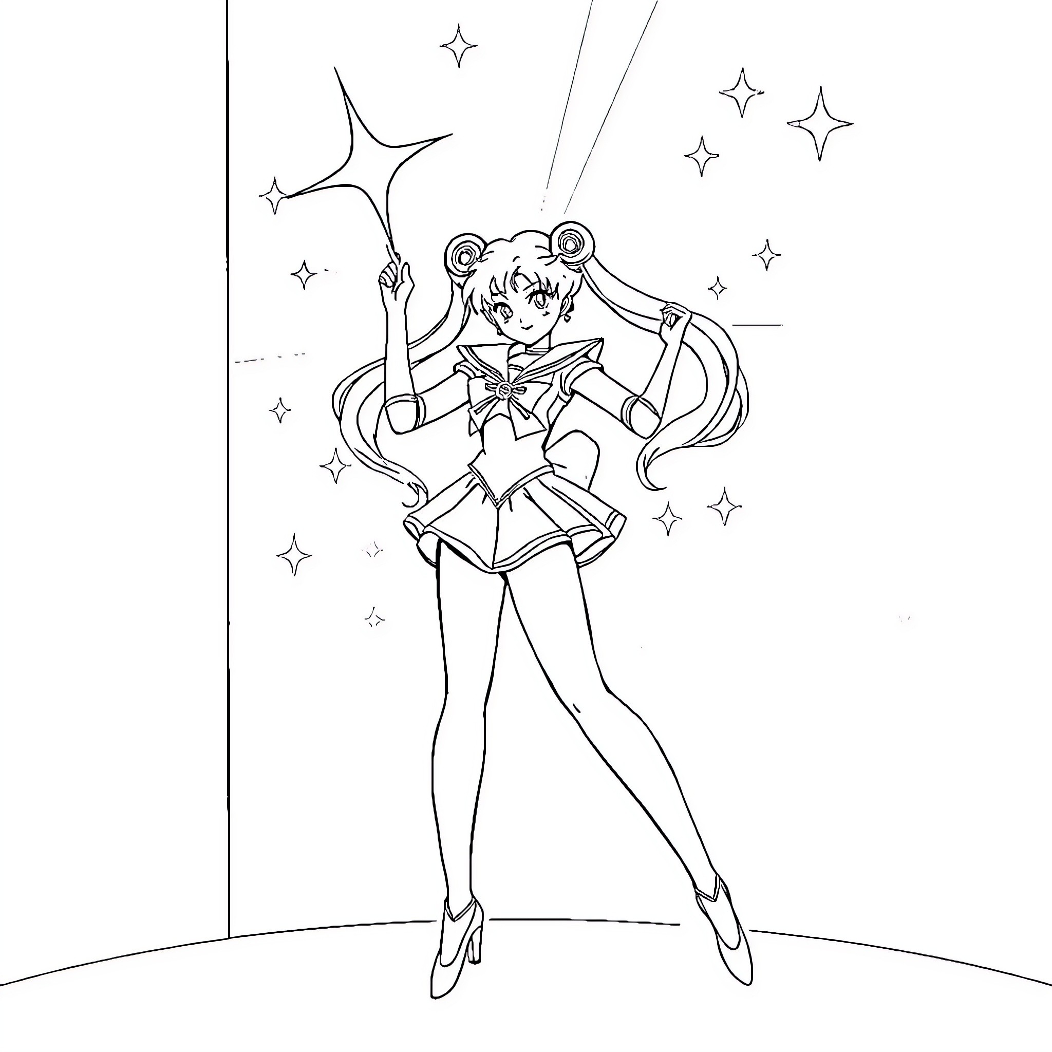 Sailor Moon poses with magical wand and stars Coloring Page (free black-and-white line drawing printable PDF for all, from beginners to advanced learners, including children, teens, adults, and seniors)