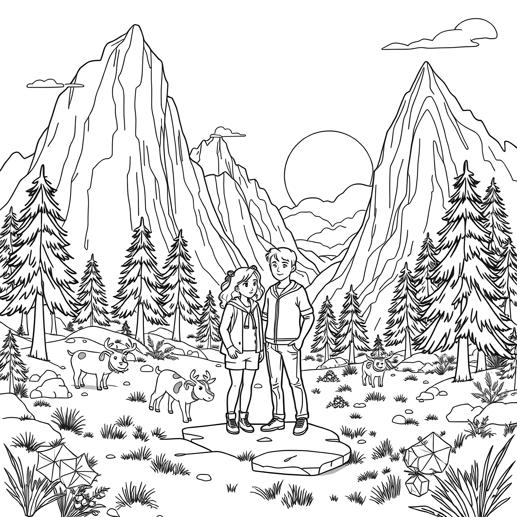 Stevie's Adventure in the Majestic Mountains Coloring Page (free black-and-white line drawing printable PDF for all, from beginners to advanced learners, including children, teens, adults, and seniors)