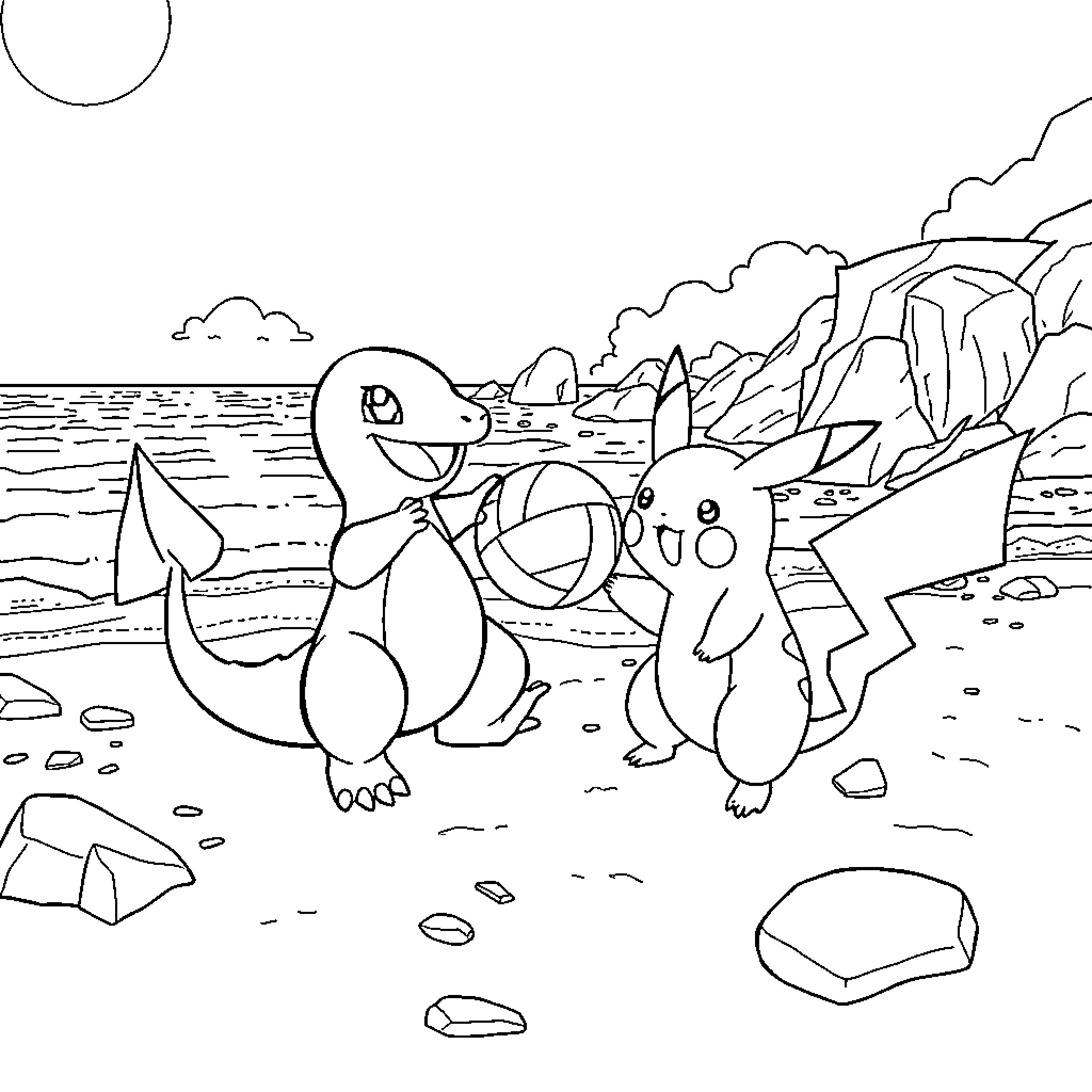 Charmander and friends exploring a rocky beach Coloring Page (free black-and-white line drawing printable PDF for all, from beginners to advanced learners, including children, teens, adults, and seniors)