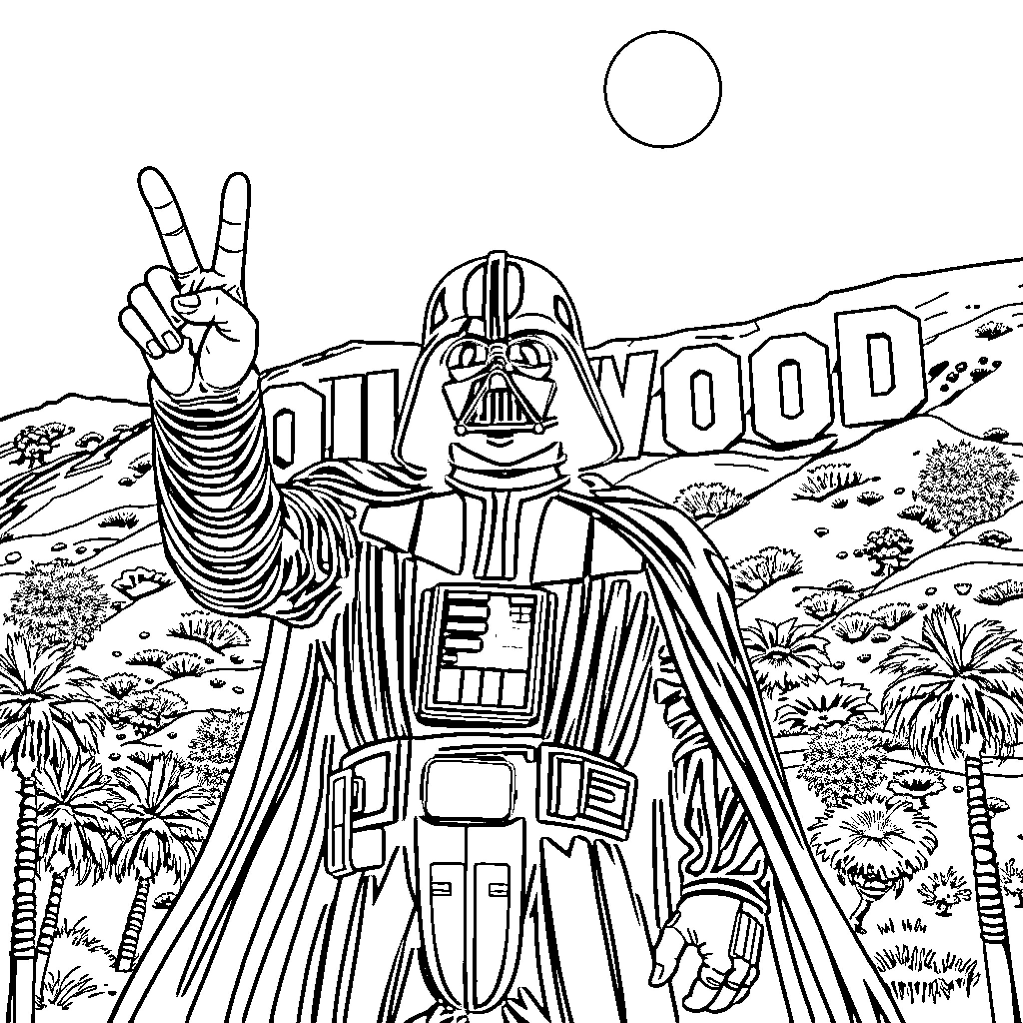 Darth Vader makes a peace sign in a Hollywood-inspired landscape Coloring Page (free black-and-white line drawing printable PDF for all, from beginners to advanced learners, including children, teens, adults, and seniors)