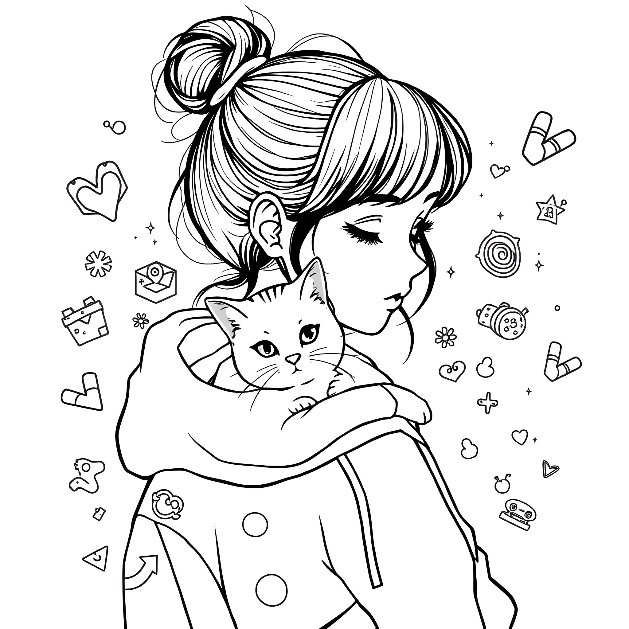 Girl holding a cute cat with whimsical elements Coloring Page (free black-and-white line drawing printable PDF for all, from beginners to advanced learners, including children, teens, adults, and seniors)