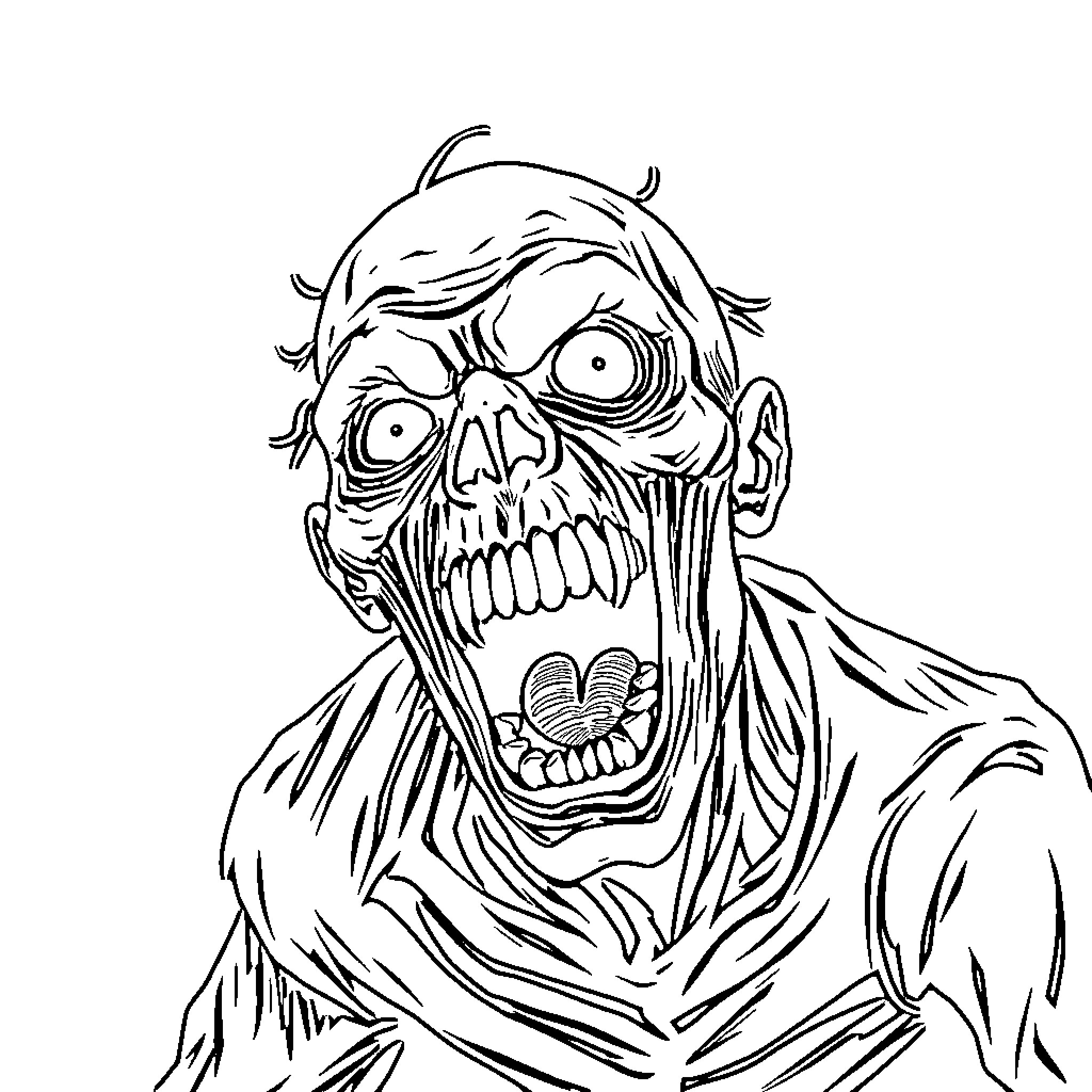 Zombie Screeching in Terror Coloring Page (free black-and-white line drawing printable PDF for all, from beginners to advanced learners, including children, teens, adults, and seniors)