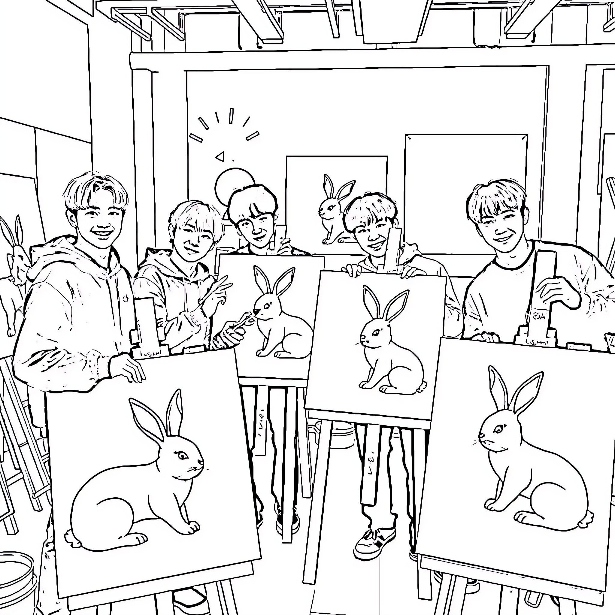 Bunny Painting Party with Friends Coloring Page (free black-and-white line drawing printable PDF for all, from beginners to advanced learners, including children, teens, adults, and seniors)
