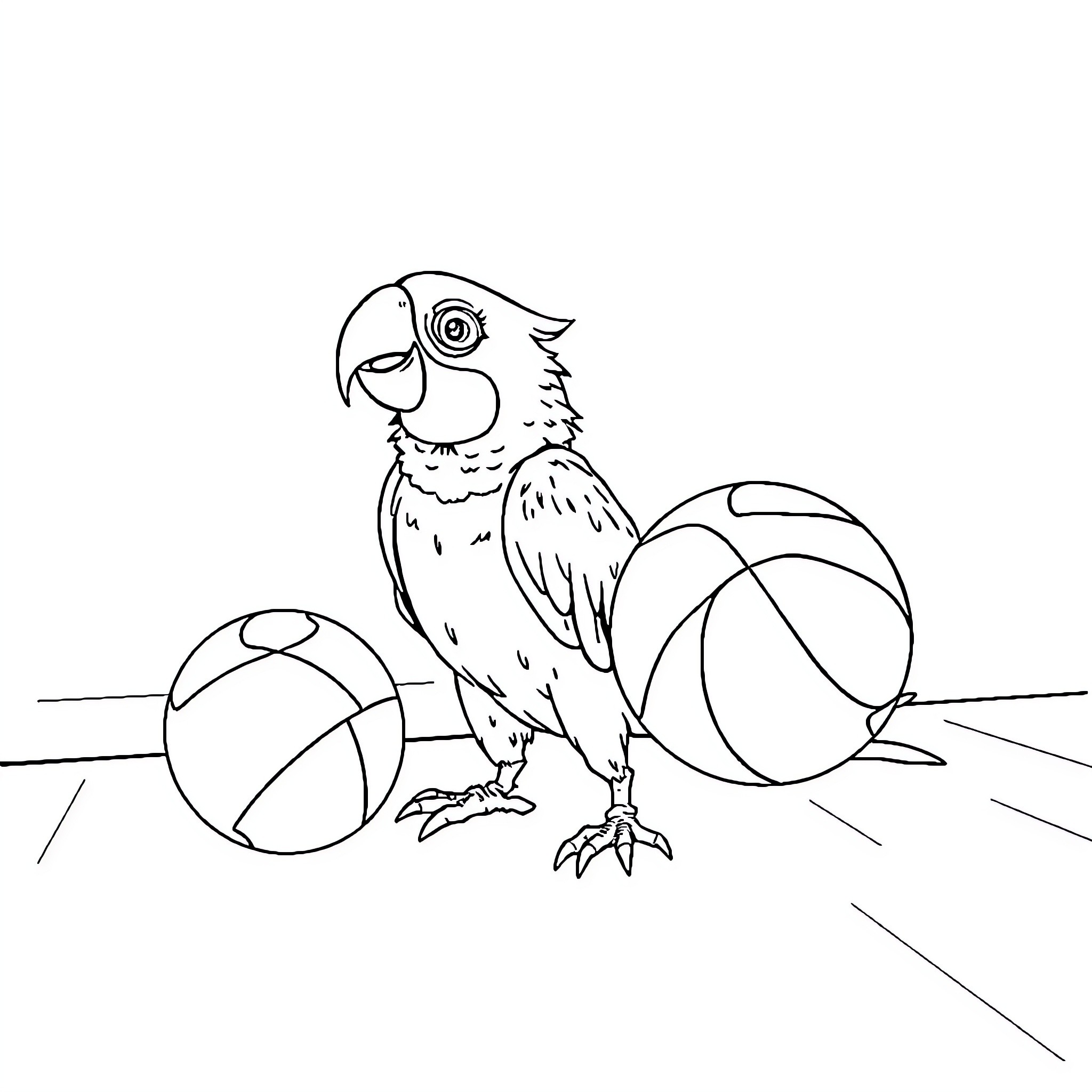 Parrot playing with beach balls on sunny day Coloring Page (free black-and-white line drawing printable PDF for all, from beginners to advanced learners, including children, teens, adults, and seniors)