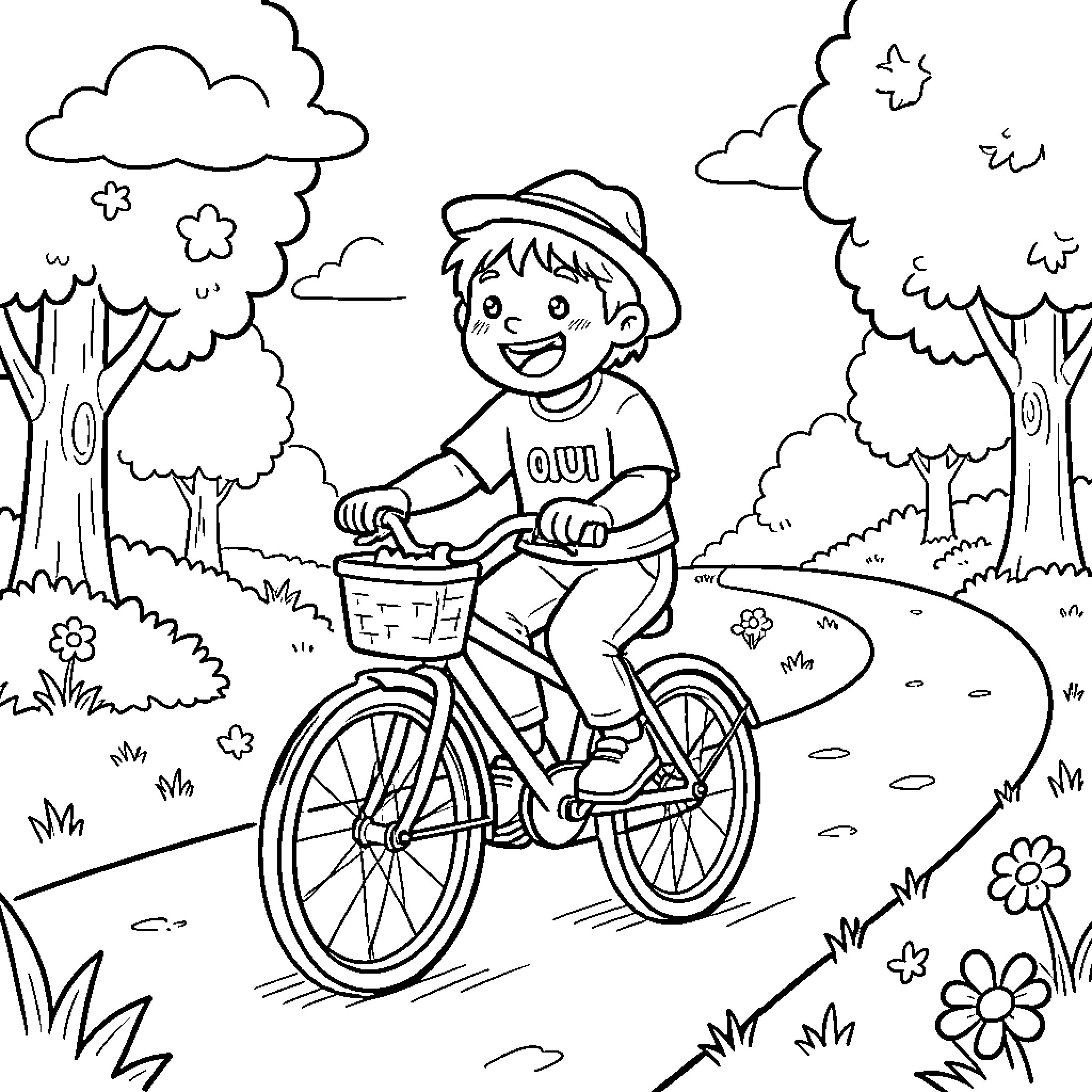 Bicycle riding boy smiling on a park path Coloring Page (free black-and-white line drawing printable PDF for all, from beginners to advanced learners, including children, teens, adults, and seniors)