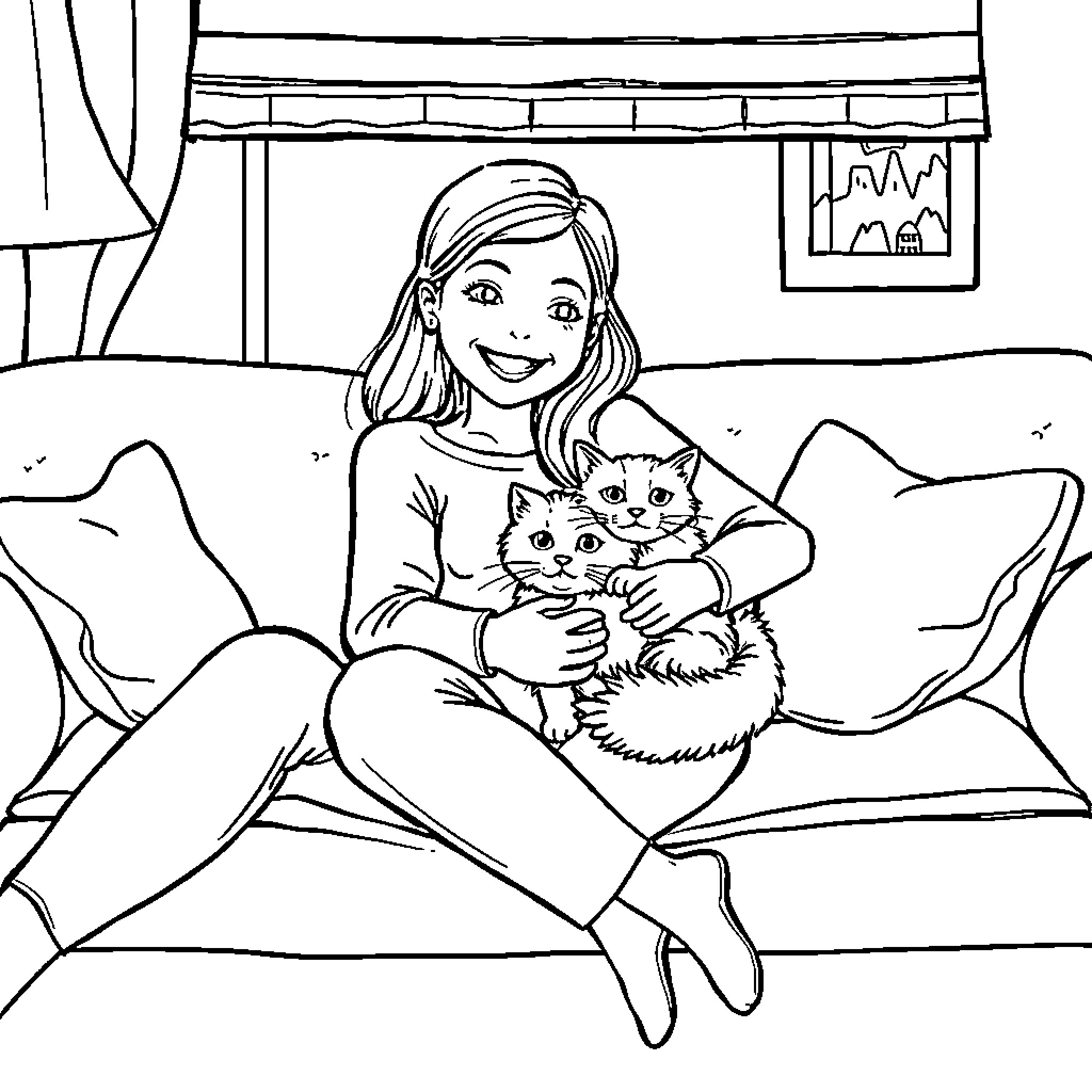 Cat comforted by woman on sofa Coloring Page (free black-and-white line drawing printable PDF for all, from beginners to advanced learners, including children, teens, adults, and seniors)