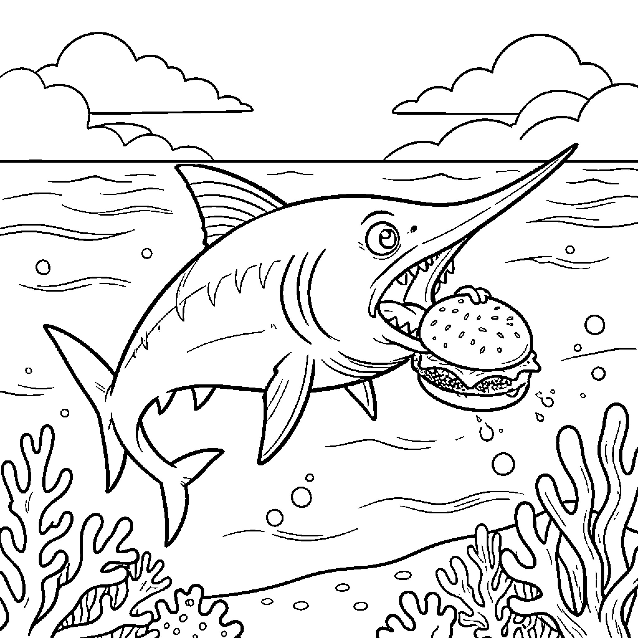 Swordfish swimming through ocean while eating a hamburger Coloring Page (free black-and-white line drawing printable PDF for all, from beginners to advanced learners, including children, teens, adults, and seniors)