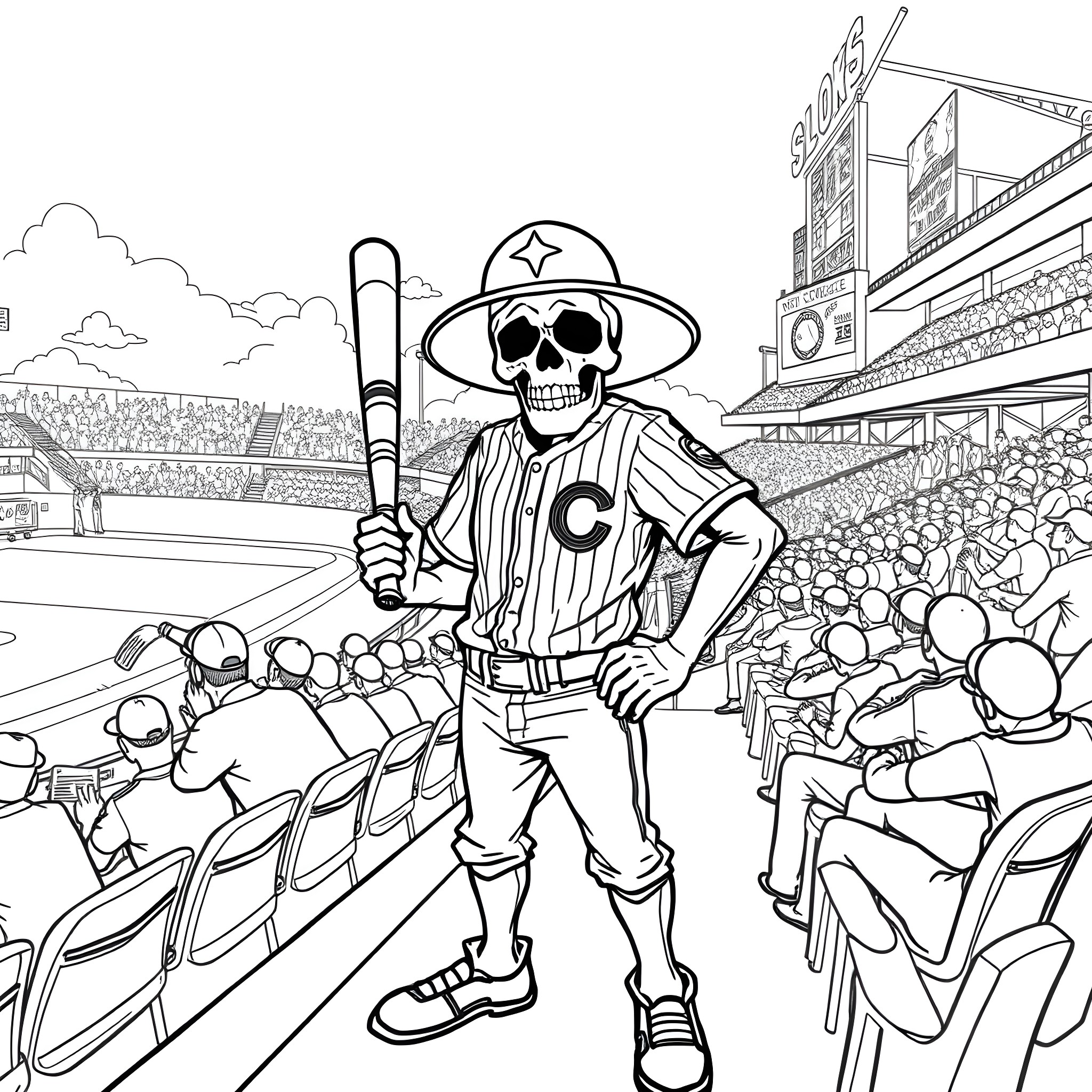 Skull Trooper in Baseball Stadium Coloring Page (free black-and-white line drawing printable PDF for all, from beginners to advanced learners, including children, teens, adults, and seniors)