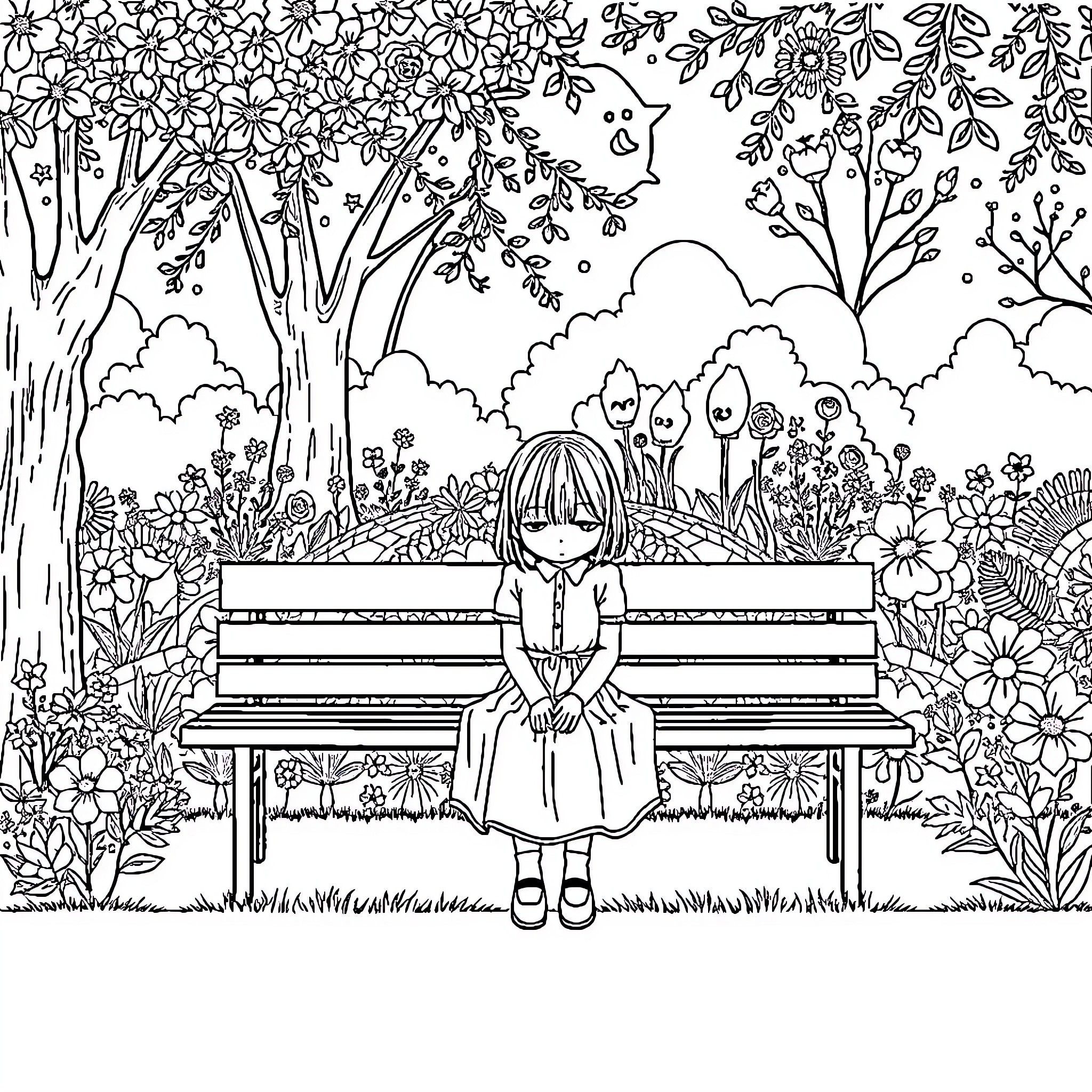 Girl sitting alone on a bench in a floral garden Coloring Page (free black-and-white line drawing printable PDF for all, from beginners to advanced learners, including children, teens, adults, and seniors)