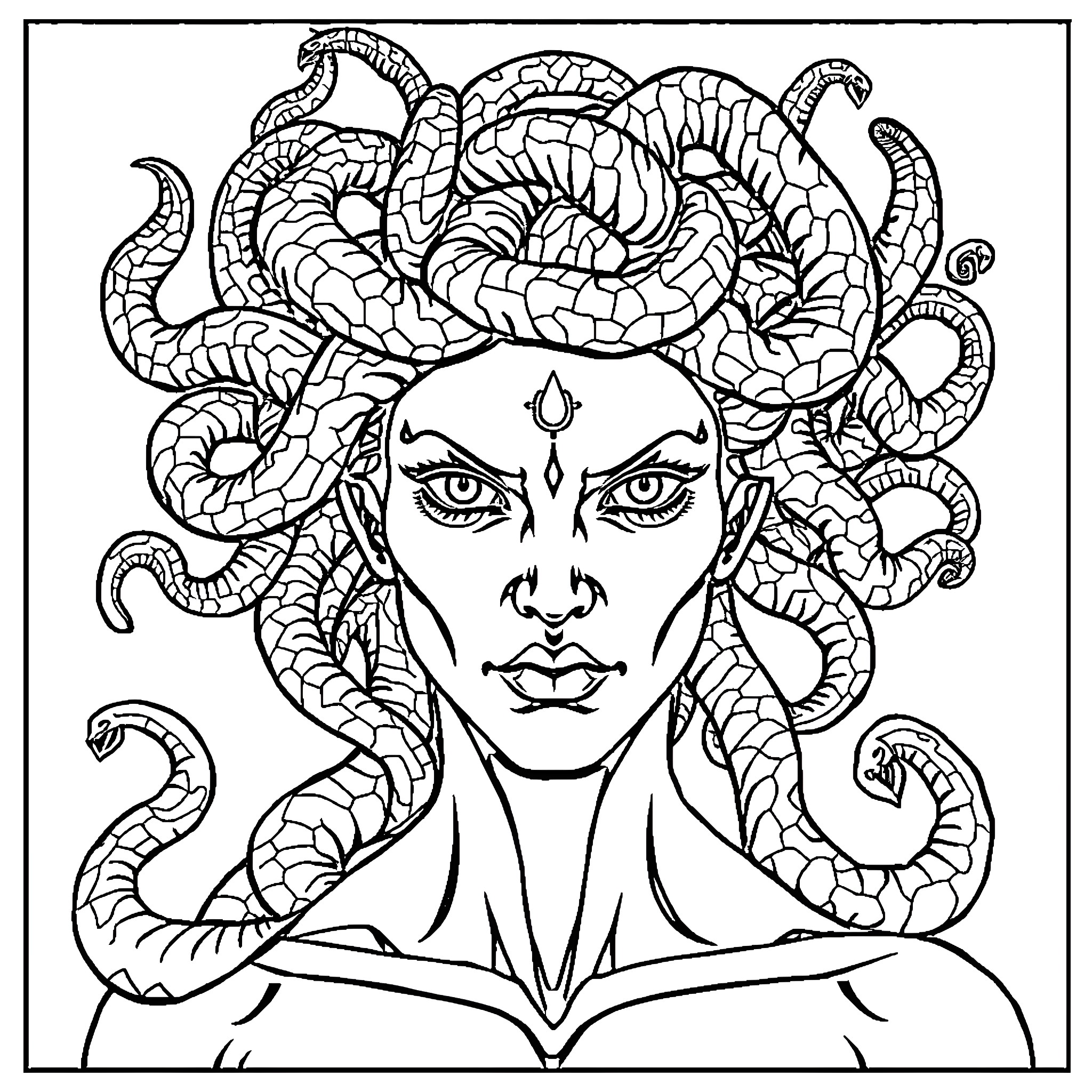 Medusa's Mythical Countenance Coloring Page (free black-and-white line drawing printable PDF for all, from beginners to advanced learners, including children, teens, adults, and seniors)