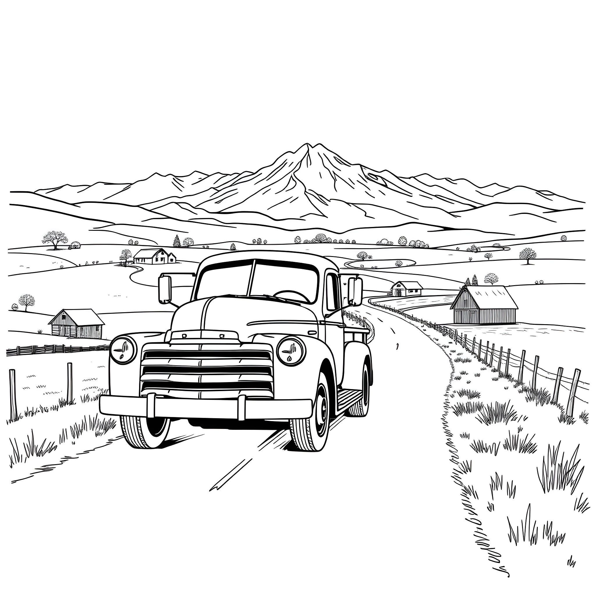 Truck Traveling on Rural Road Through Countryside Landscape Coloring Page (free black-and-white line drawing printable PDF for all, from beginners to advanced learners, including children, teens, adults, and seniors)