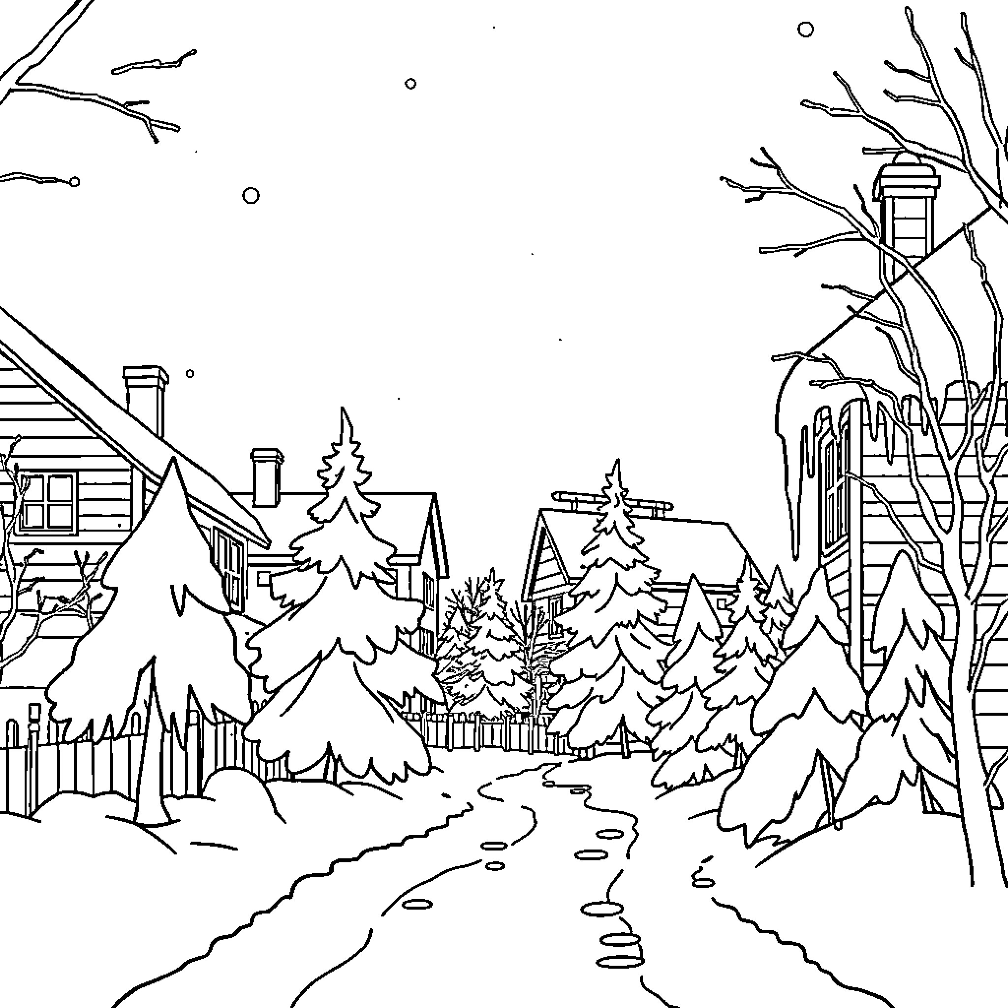 Winter wonderland scene with snowy houses and trees Coloring Page (free black-and-white line drawing printable PDF for all, from beginners to advanced learners, including children, teens, adults, and seniors)