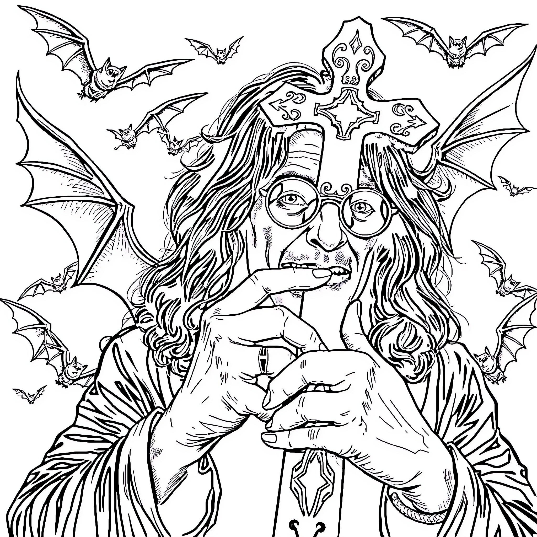 Ozzy Osbourne's Fantastical Dark and Whimsical Portrait Coloring Page (free black-and-white line drawing printable PDF for all, from beginners to advanced learners, including children, teens, adults, and seniors)