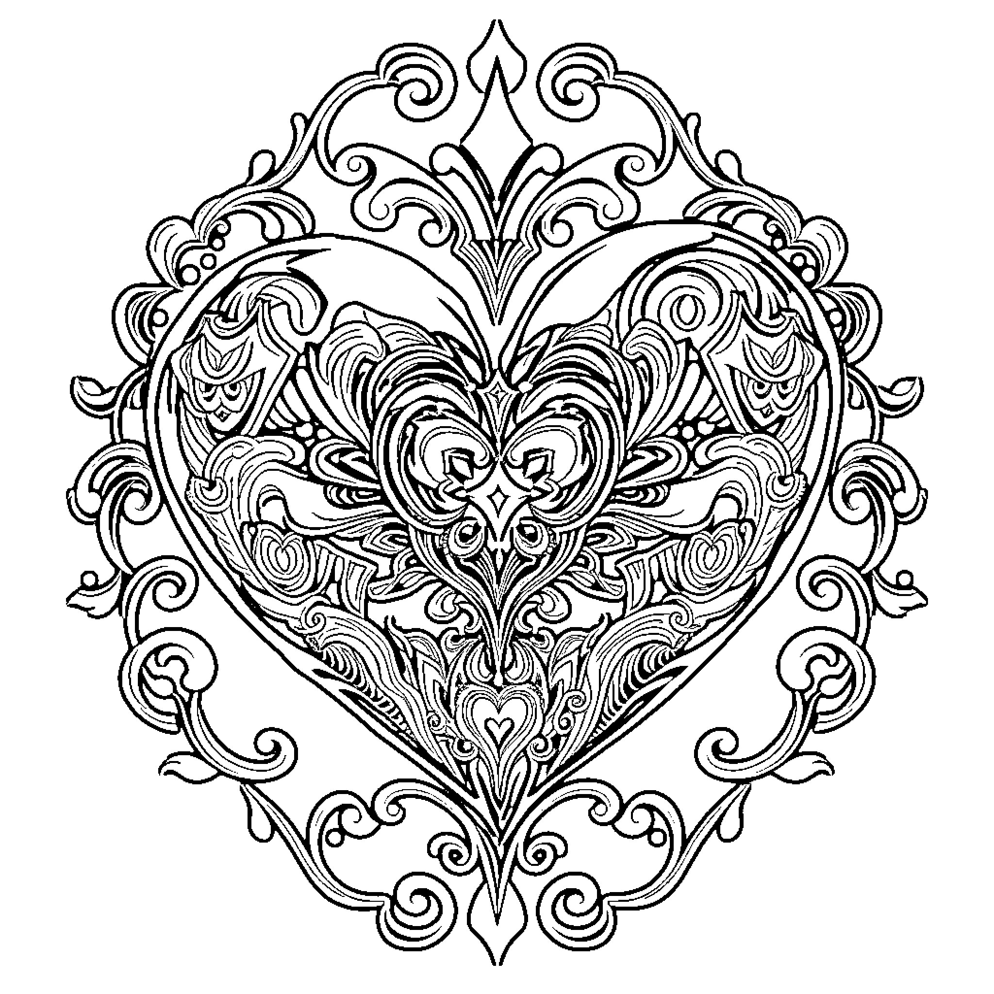 Chrome Heart Ornate Heart-Shaped Decorative Frame Coloring Page (free black-and-white line drawing printable PDF for all, from beginners to advanced learners, including children, teens, adults, and seniors)