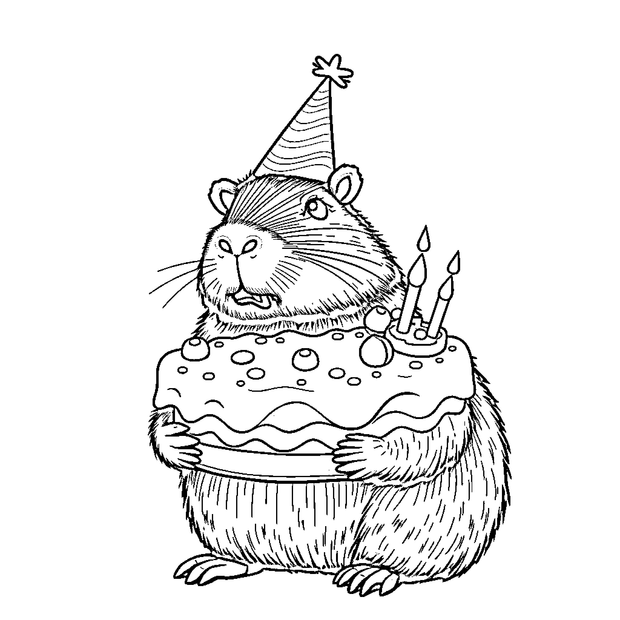 Capybara celebrating with birthday cake and candles Coloring Page (free black-and-white line drawing printable PDF for all, from beginners to advanced learners, including children, teens, adults, and seniors)