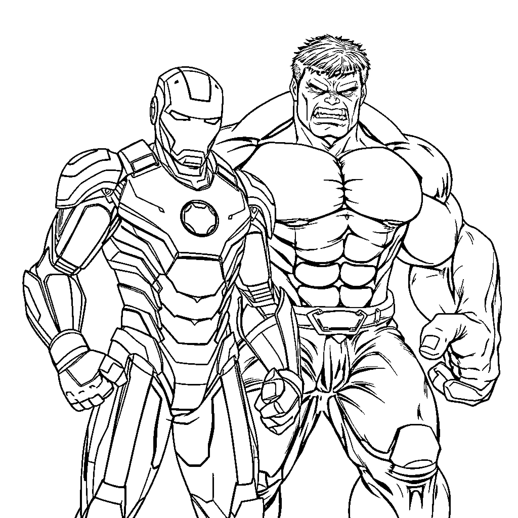 Ironman and Hulk: Heroic Clash in Action Coloring Page (free black-and-white line drawing printable PDF for all, from beginners to advanced learners, including children, teens, adults, and seniors)