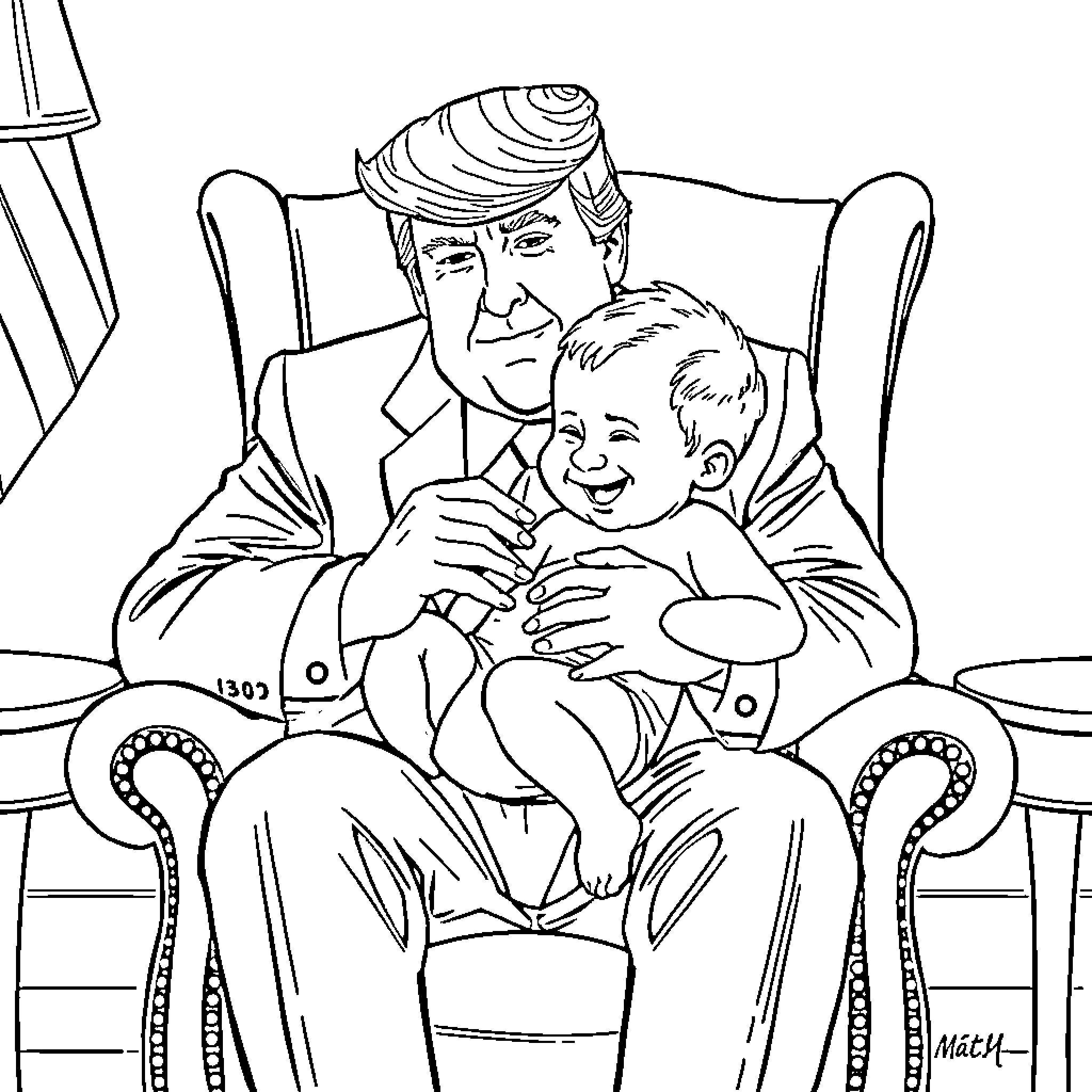 Donald Trump Holding a Smiling Child in an Armchair Coloring Page (free black-and-white line drawing printable PDF for all, from beginners to advanced learners, including children, teens, adults, and seniors)