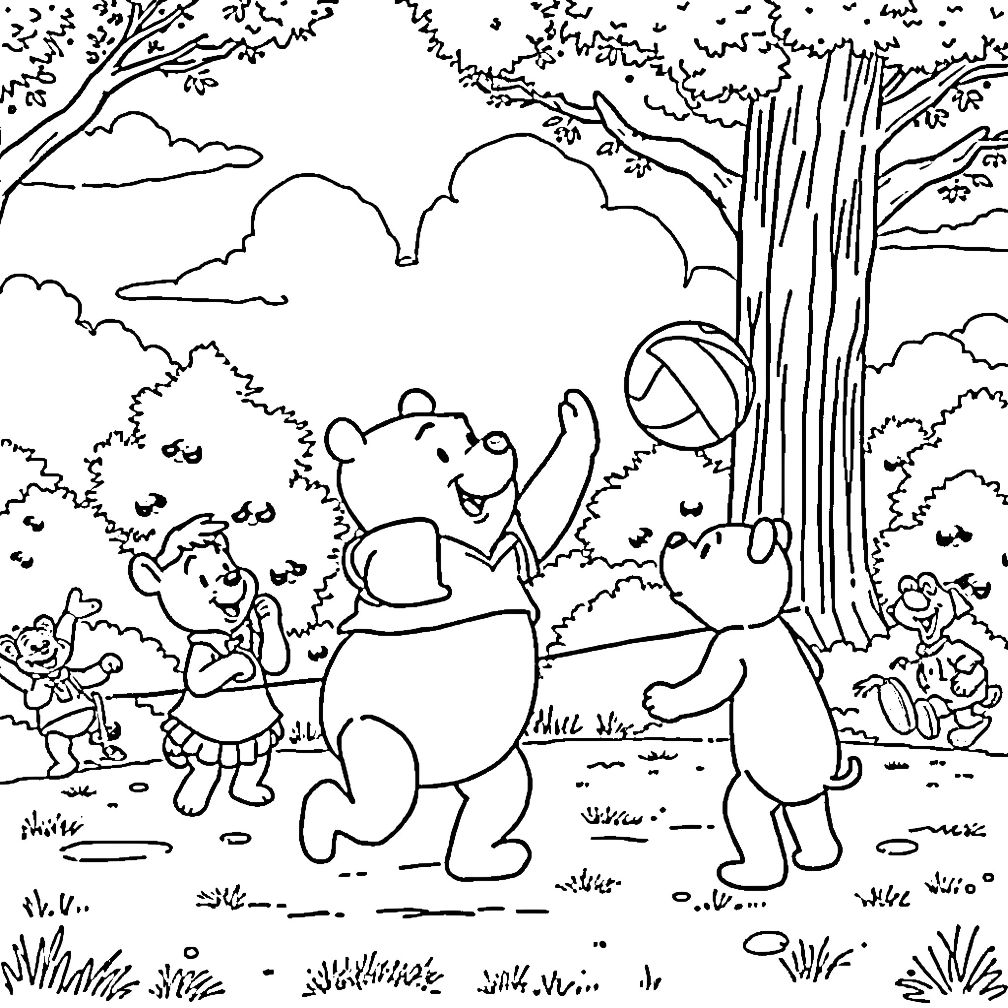 Winnie The Pooh and Friends Playing in the Woods Coloring Page (free black-and-white line drawing printable PDF for all, from beginners to advanced learners, including children, teens, adults, and seniors)