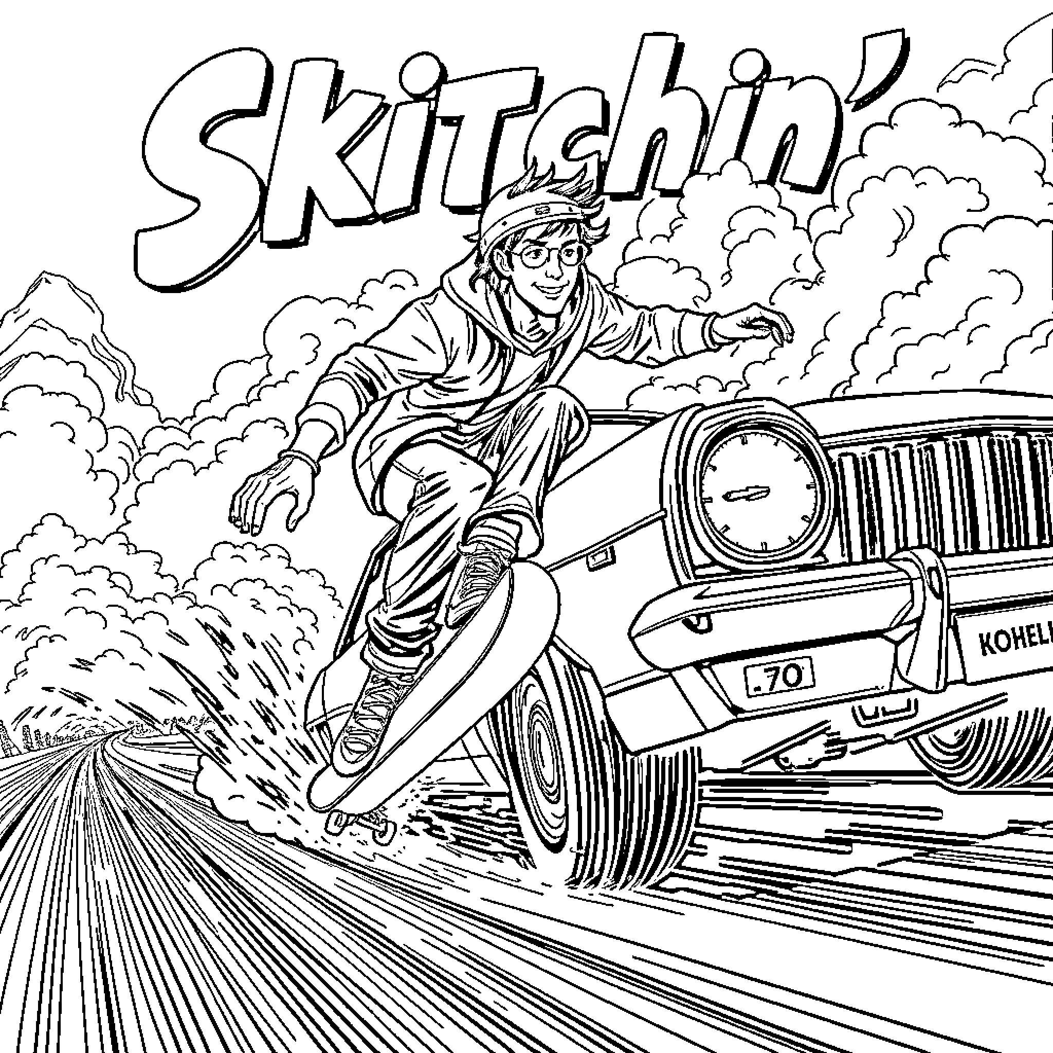 Skitchin' on a vintage car in the clouds Coloring Page (free black-and-white line drawing printable PDF for all, from beginners to advanced learners, including children, teens, adults, and seniors)