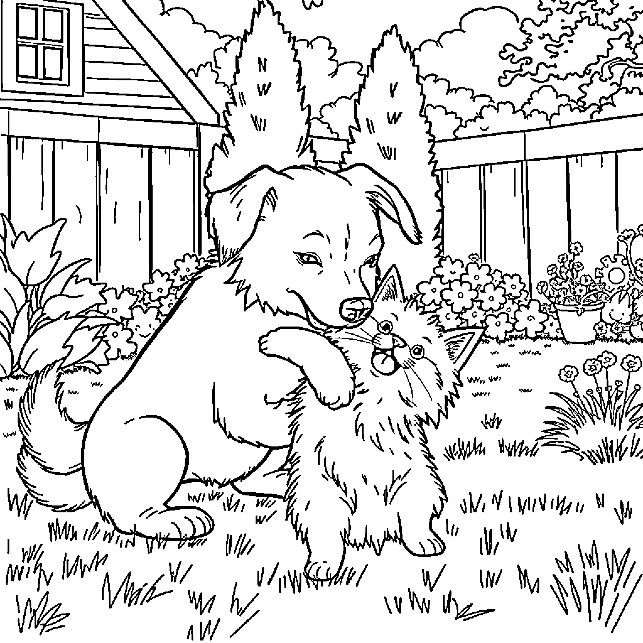 Dog relaxing in the backyard garden Coloring Page (free black-and-white line drawing printable PDF for all, from beginners to advanced learners, including children, teens, adults, and seniors)
