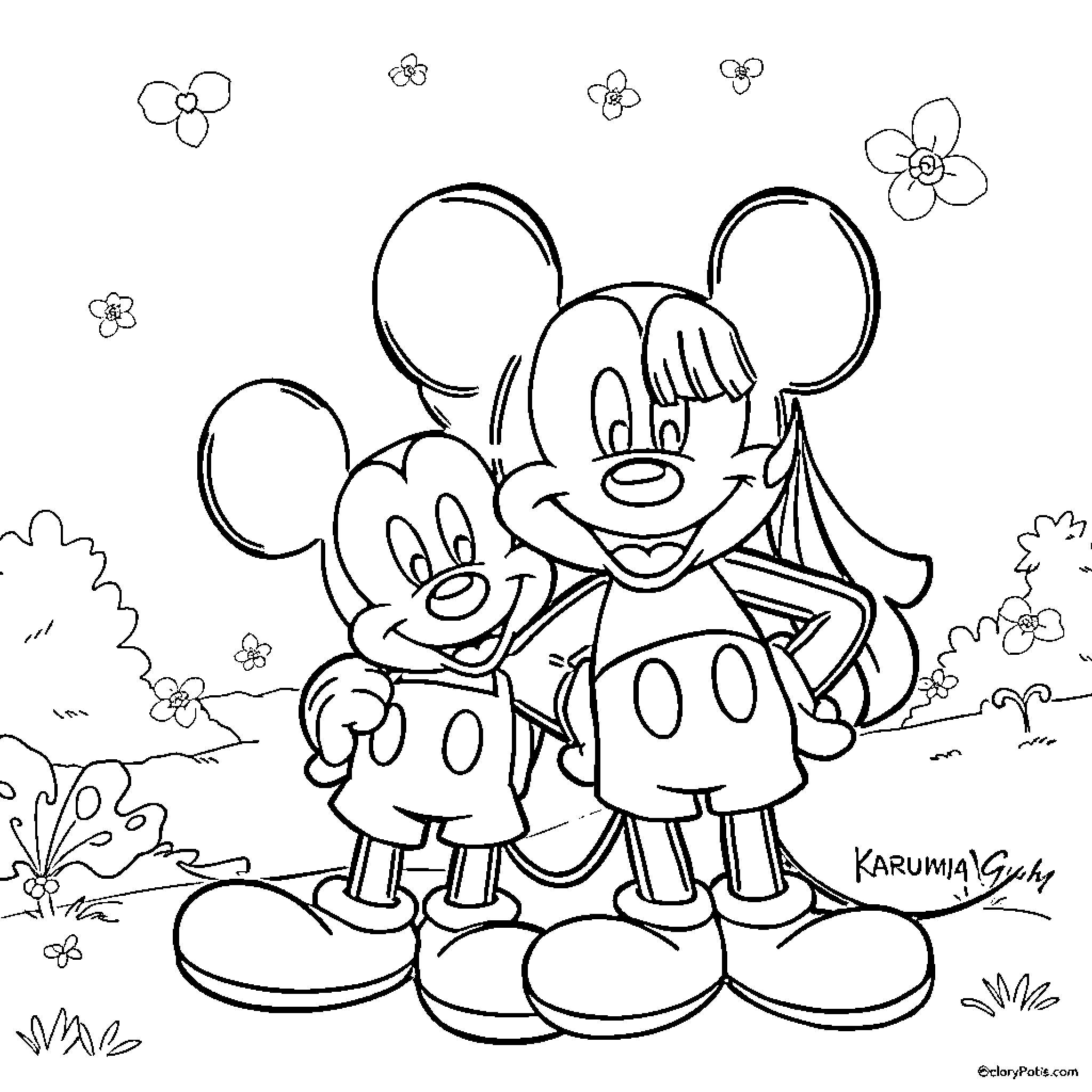 Mickey Mouse and friends enjoying nature Coloring Page (free black-and-white line drawing printable PDF for all, from beginners to advanced learners, including children, teens, adults, and seniors)