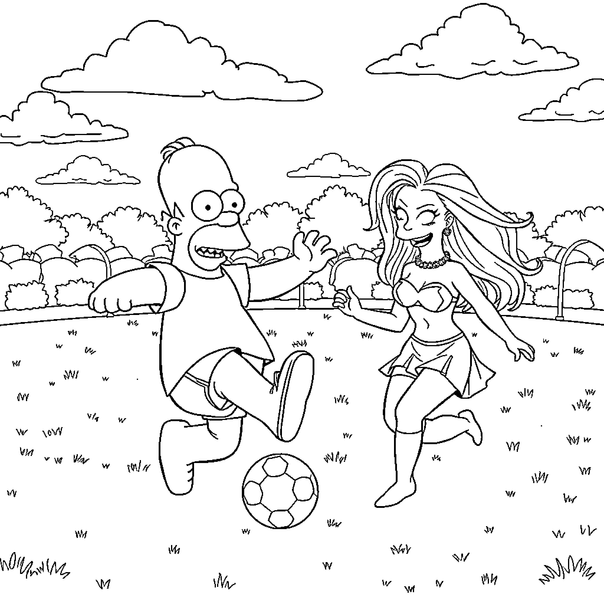 Homer Simpson playing soccer with a cheerleader Coloring Page (free black-and-white line drawing printable PDF for all, from beginners to advanced learners, including children, teens, adults, and seniors)