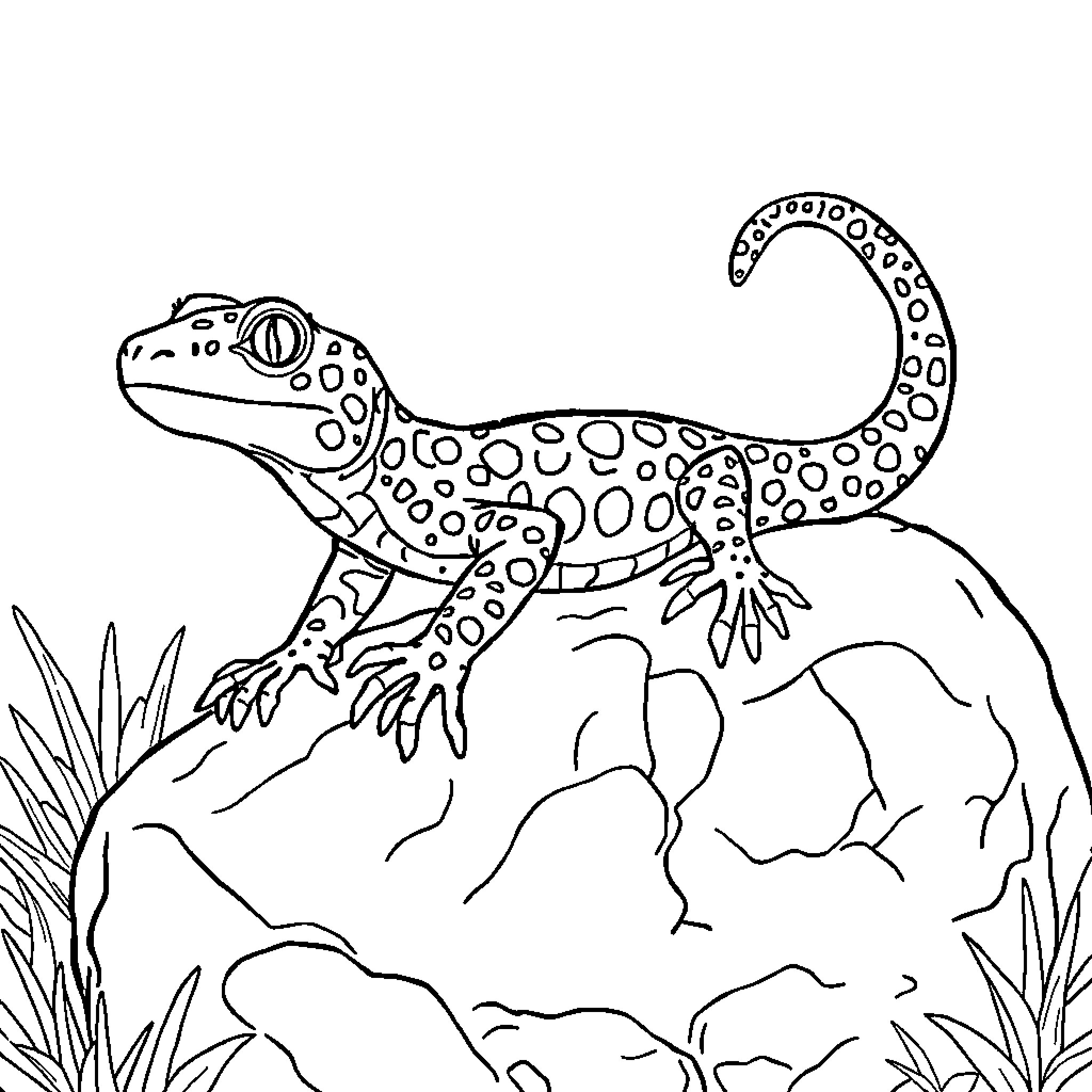 Lizard sunbathing on rocky terrain Coloring Page (free black-and-white line drawing printable PDF for all, from beginners to advanced learners, including children, teens, adults, and seniors)