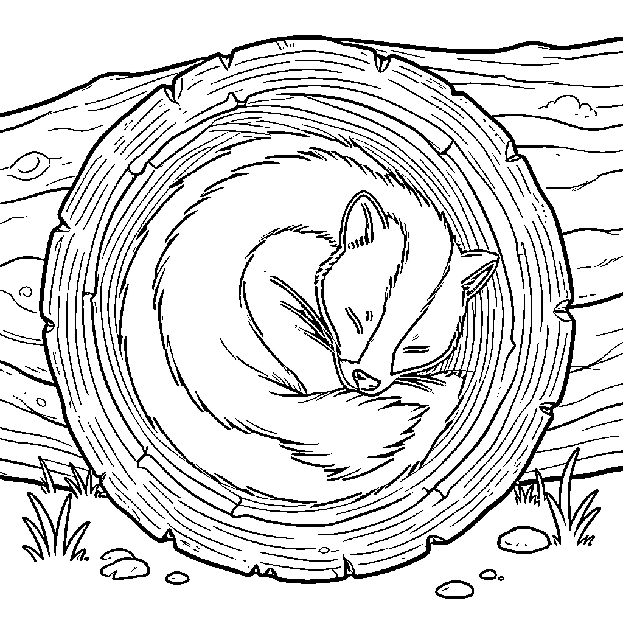 Skunk curled up in a cozy wooden den Coloring Page (free black-and-white line drawing printable PDF for all, from beginners to advanced learners, including children, teens, adults, and seniors)