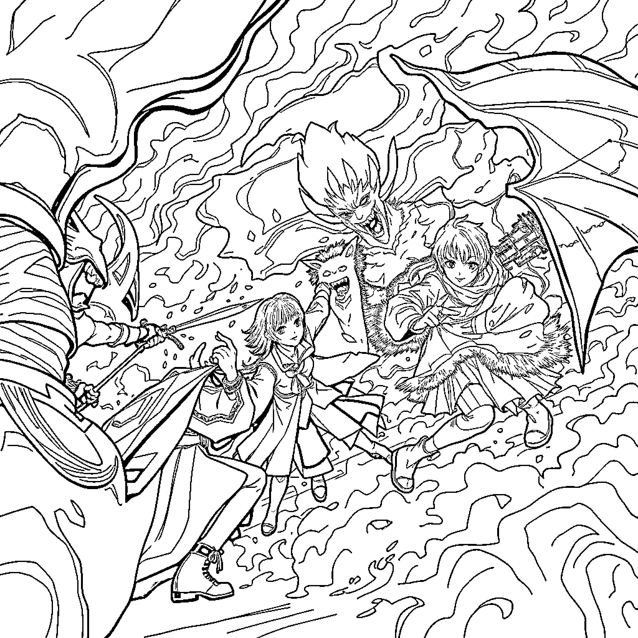 Kpop Characters in Fantastical Realm Coloring Page (free black-and-white line drawing printable PDF for all, from beginners to advanced learners, including children, teens, adults, and seniors)