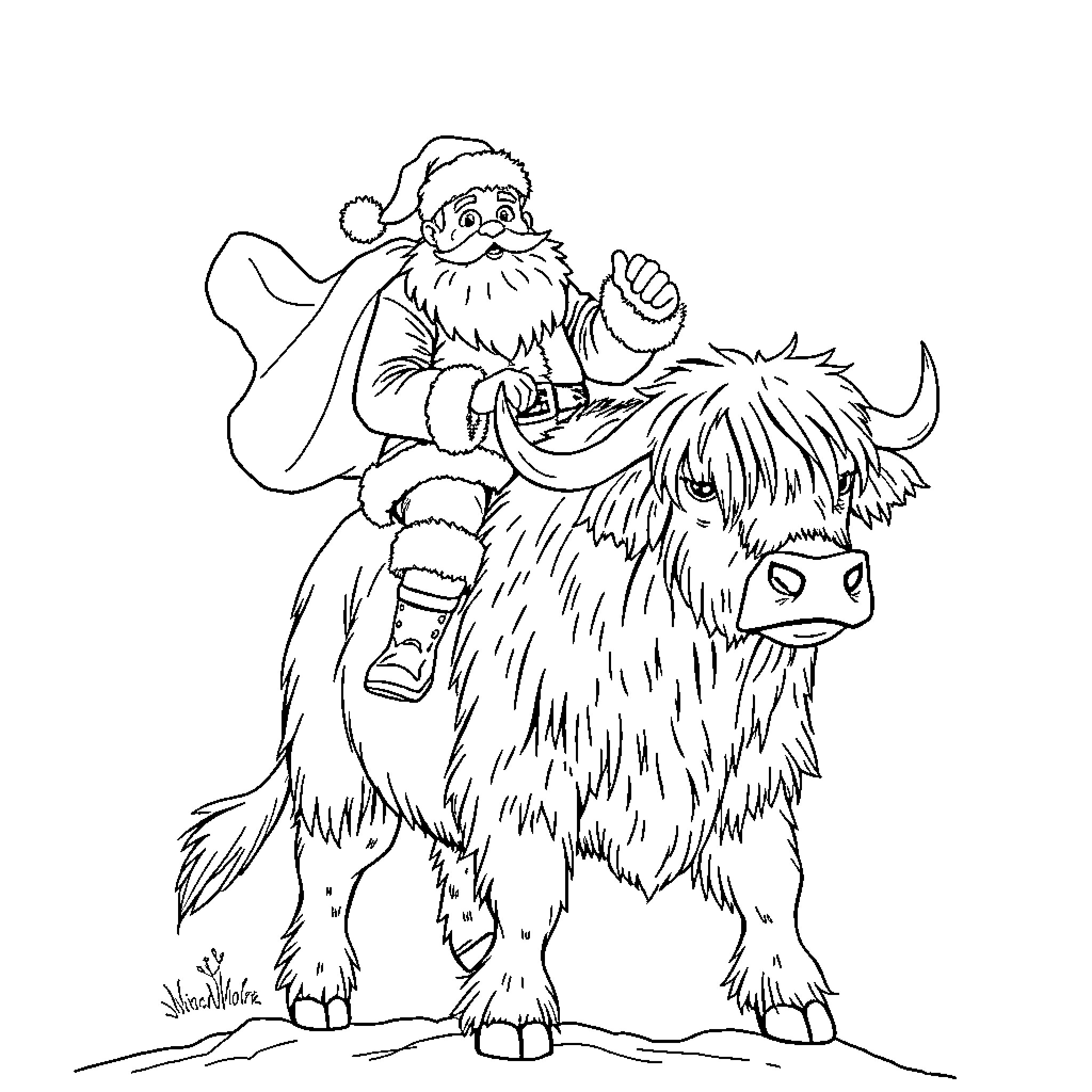 Santa riding a furry beast in the snow Coloring Page (free black-and-white line drawing printable PDF for all, from beginners to advanced learners, including children, teens, adults, and seniors)