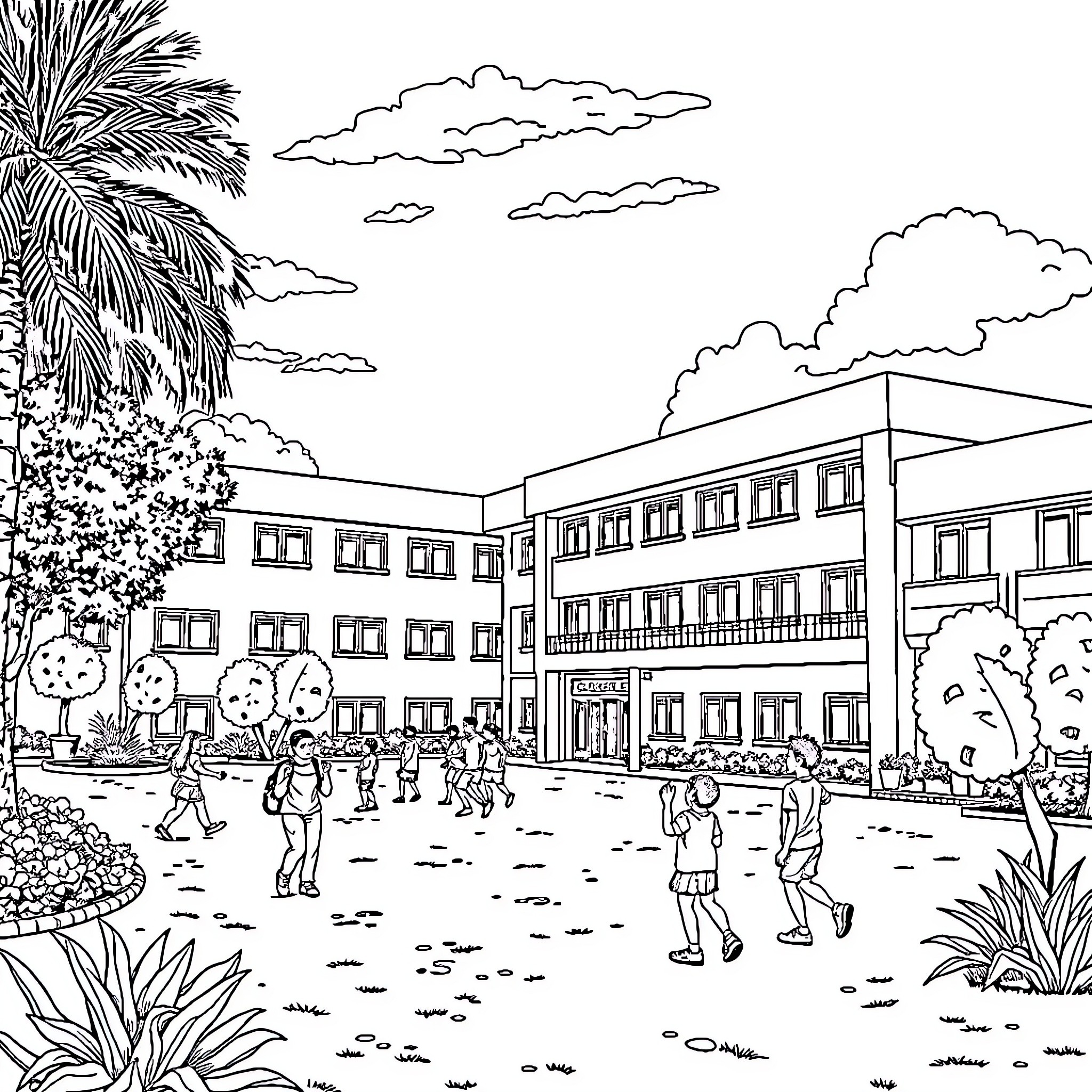School scene with students in the courtyard Coloring Page (free black-and-white line drawing printable PDF for all, from beginners to advanced learners, including children, teens, adults, and seniors)