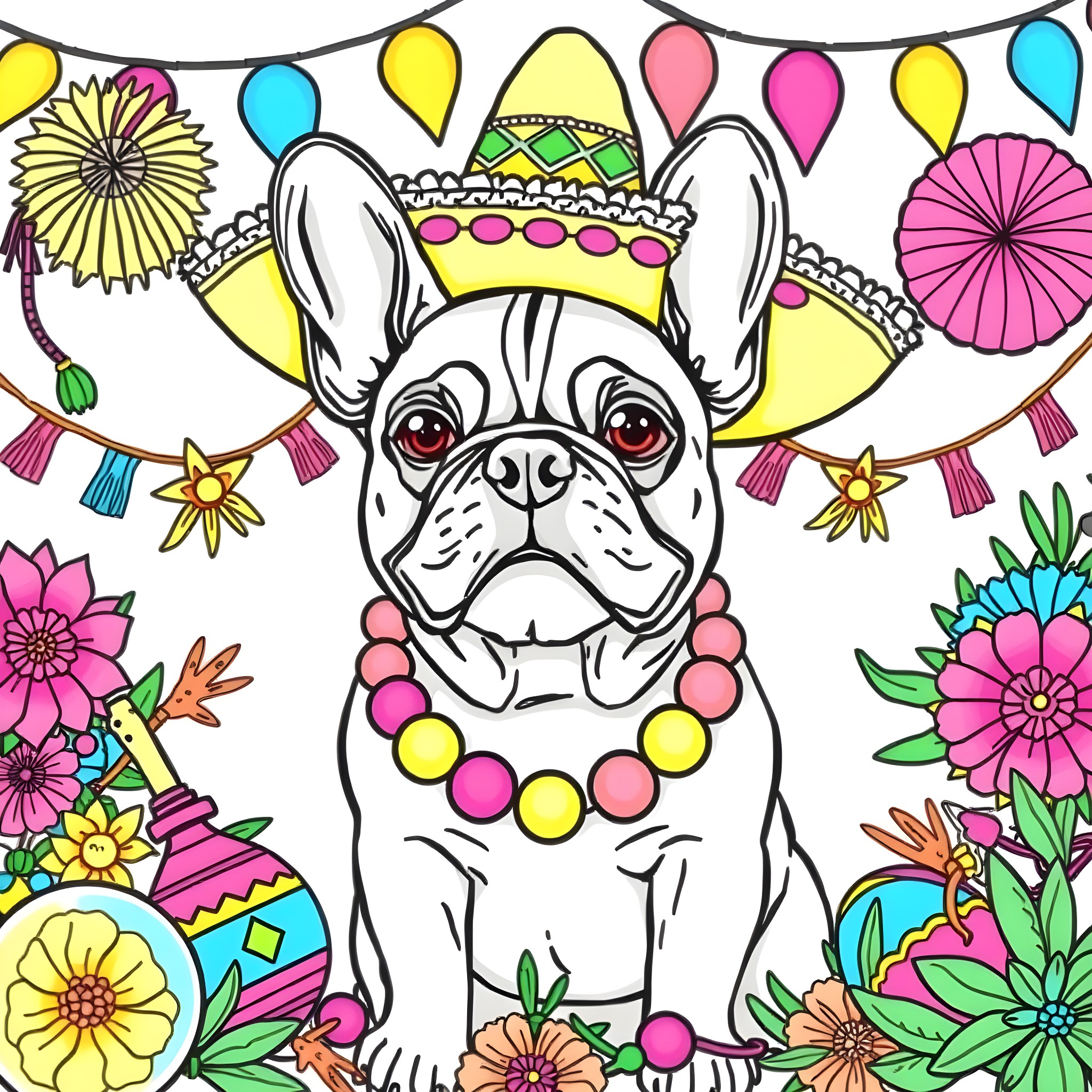 French Bulldog dressed in colorful party attire Coloring Page (free black-and-white line drawing printable PDF for all, from beginners to advanced learners, including children, teens, adults, and seniors)