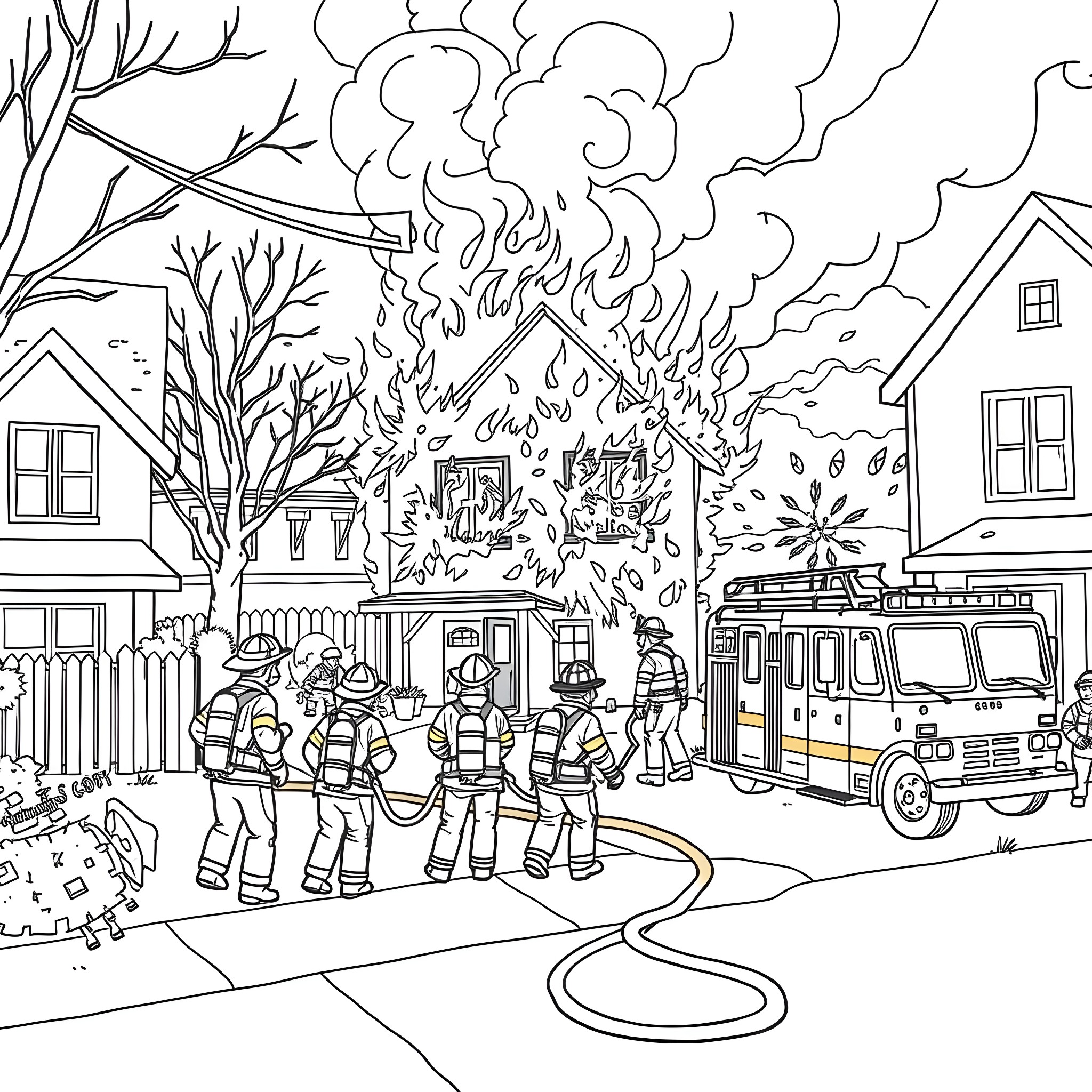 Firefighters battling a blazing house fire Coloring Page (free black-and-white line drawing printable PDF for all, from beginners to advanced learners, including children, teens, adults, and seniors)