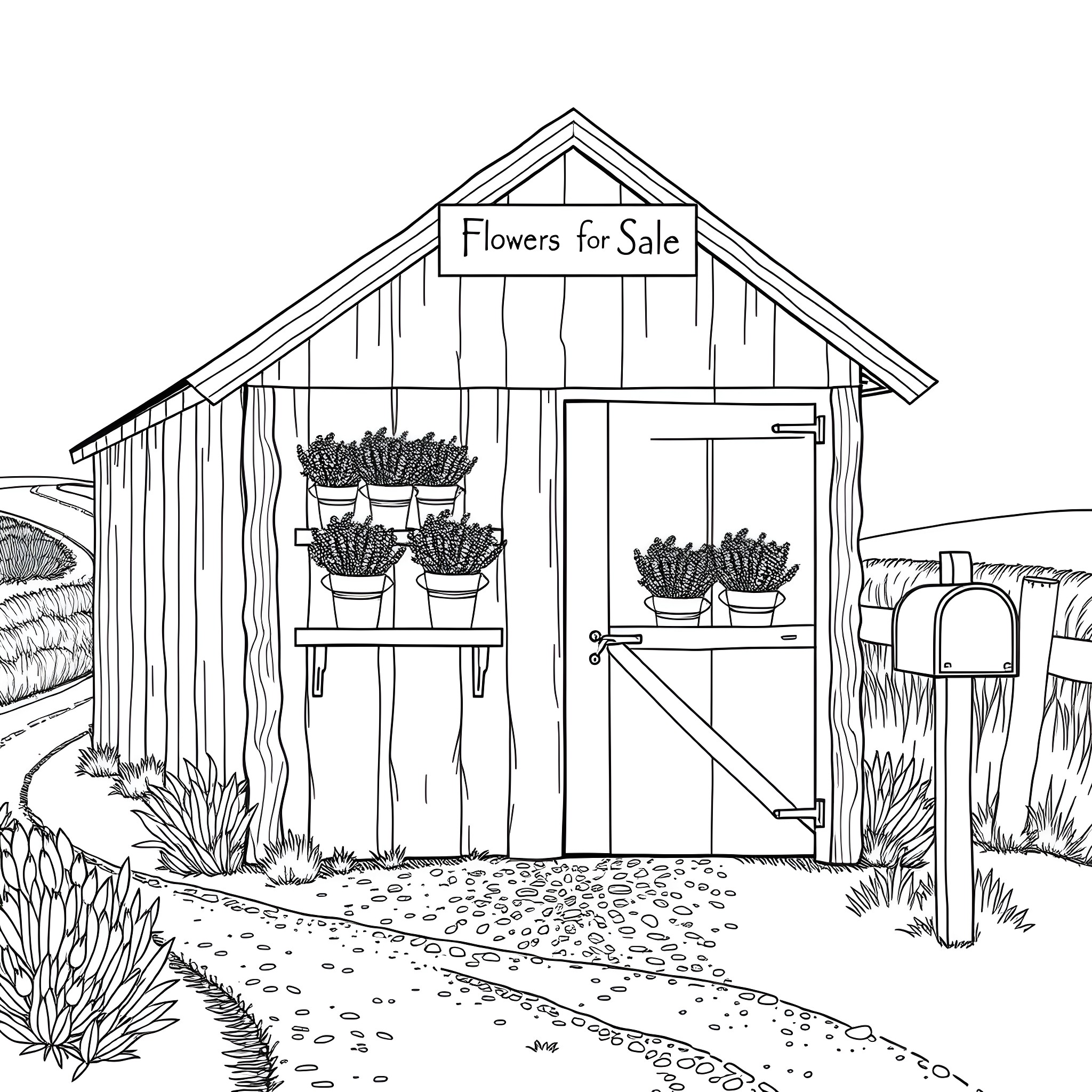 Shed Selling Flowers on a Country Road Coloring Page (free black-and-white line drawing printable PDF for all, from beginners to advanced learners, including children, teens, adults, and seniors)