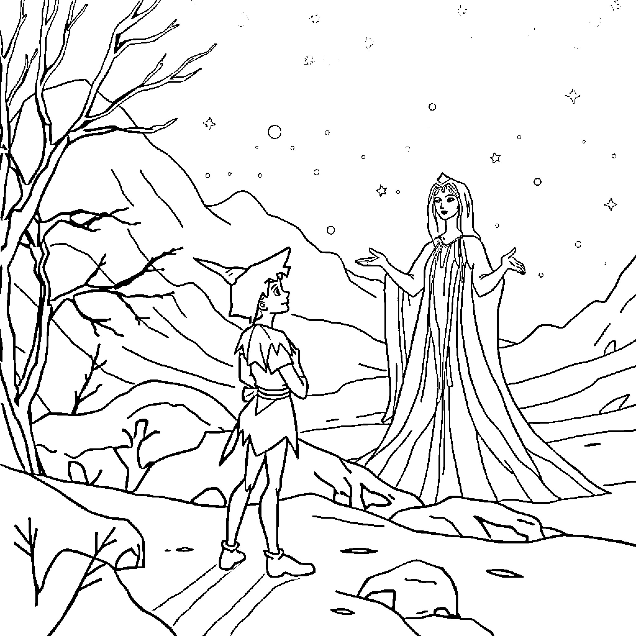 Peter Pan meets the enchanting fairy in the winter wonderland Coloring Page (free black-and-white line drawing printable PDF for all, from beginners to advanced learners, including children, teens, adults, and seniors)
