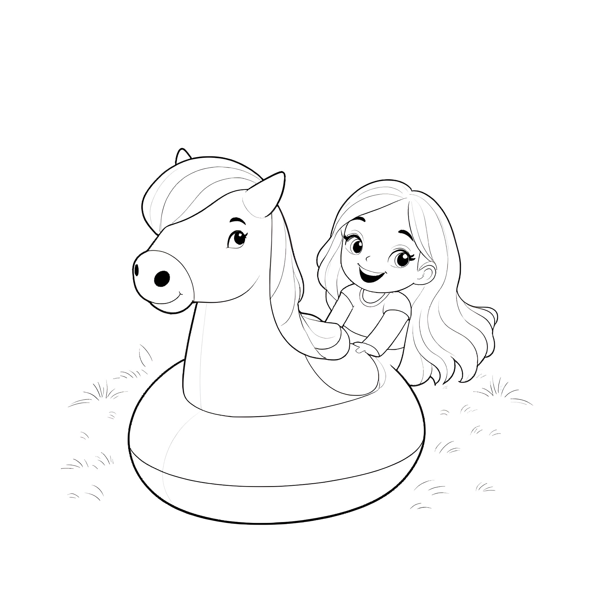 Girl playing happily with her toy pony Coloring Page (free black-and-white line drawing printable PDF for all, from beginners to advanced learners, including children, teens, adults, and seniors)