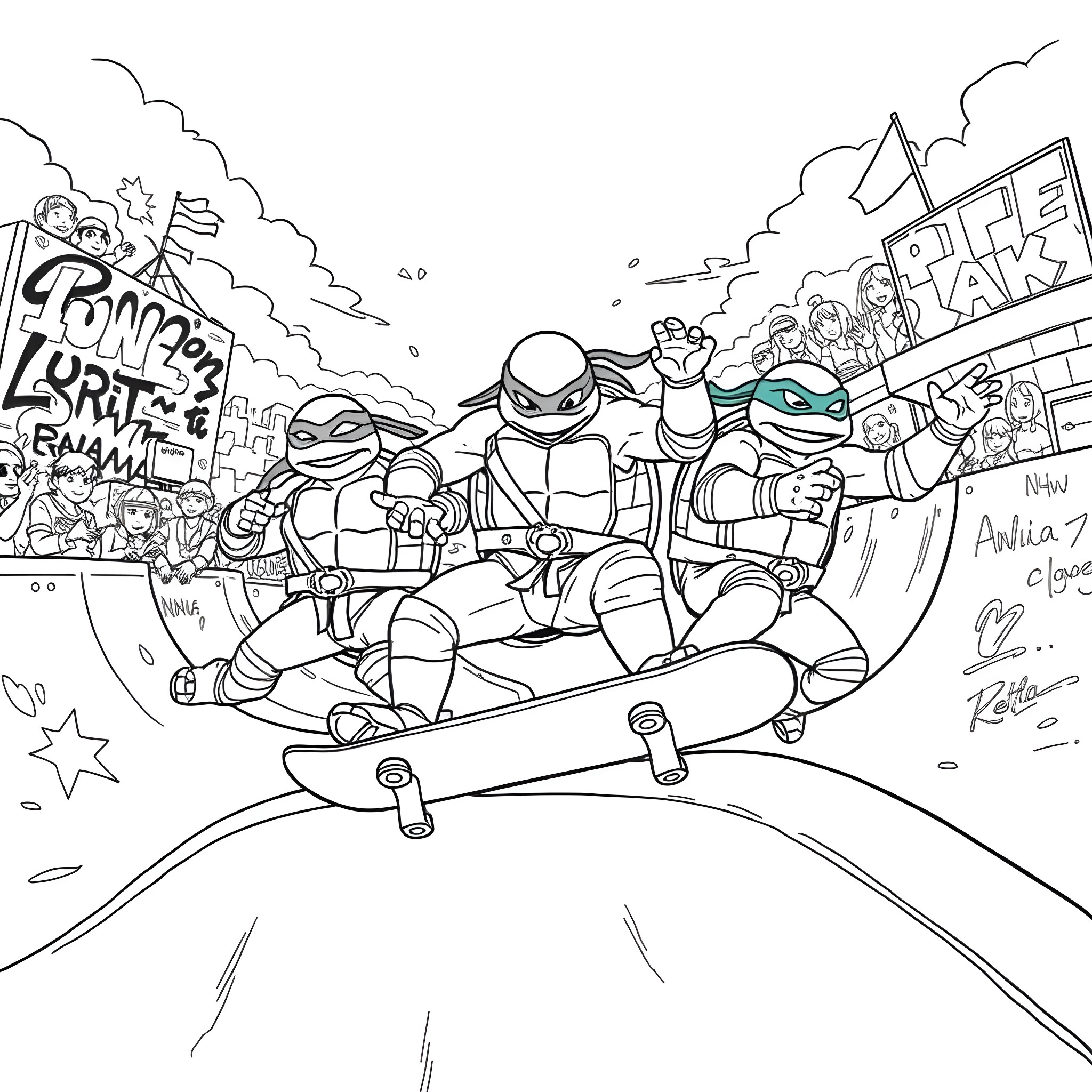 Teenage Mutant Ninja Turtles Skateboarding Adventure Coloring Page (free black-and-white line drawing printable PDF for all, from beginners to advanced learners, including children, teens, adults, and seniors)