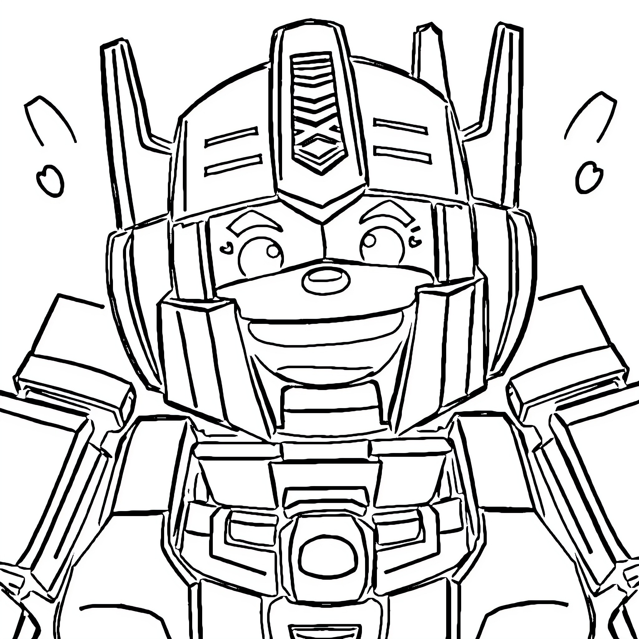 Optimus Prime smiling excitedly in robot mode Coloring Page (free black-and-white line drawing printable PDF for all, from beginners to advanced learners, including children, teens, adults, and seniors)