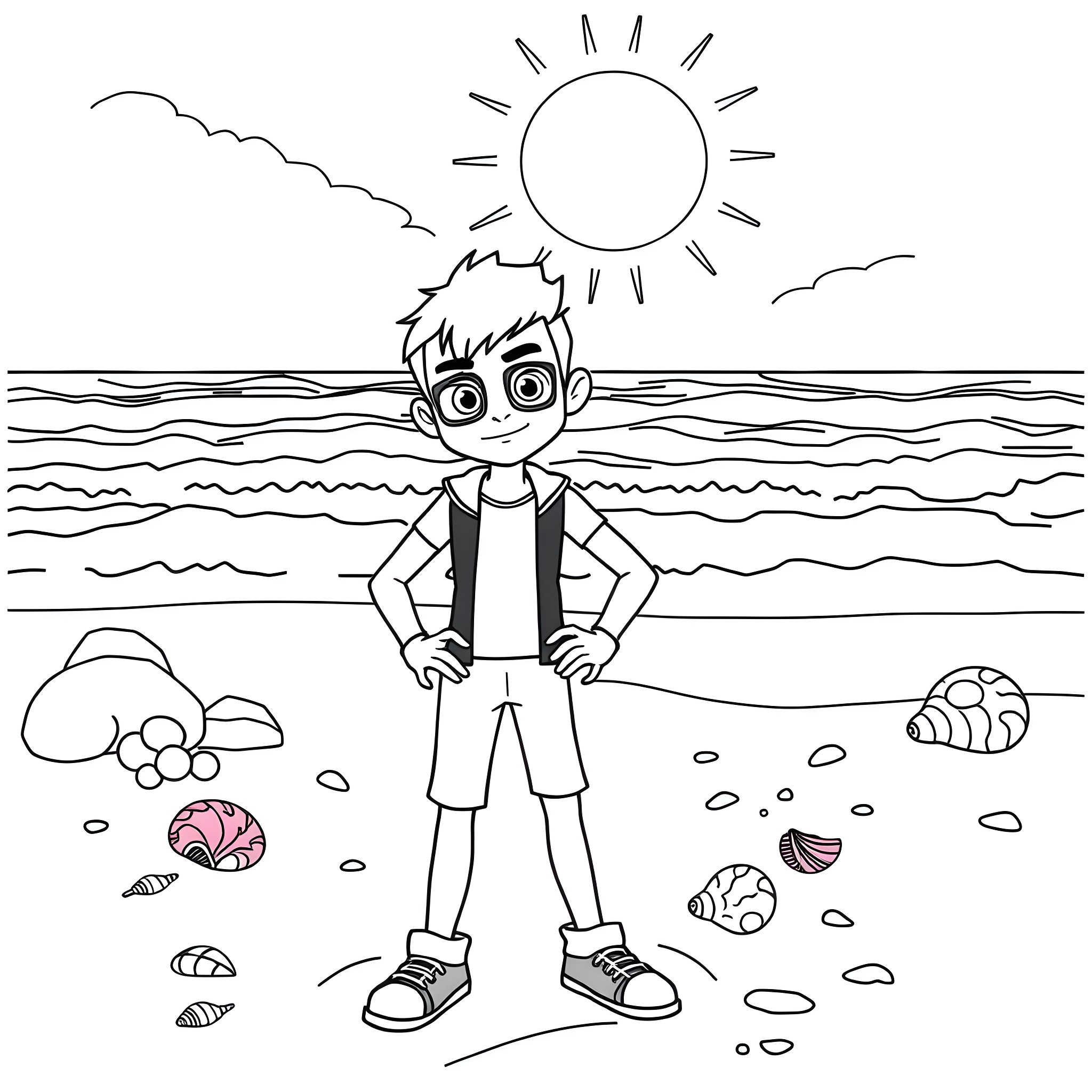 Ben10 exploring the beach with curiosity Coloring Page (free black-and-white line drawing printable PDF for all, from beginners to advanced learners, including children, teens, adults, and seniors)