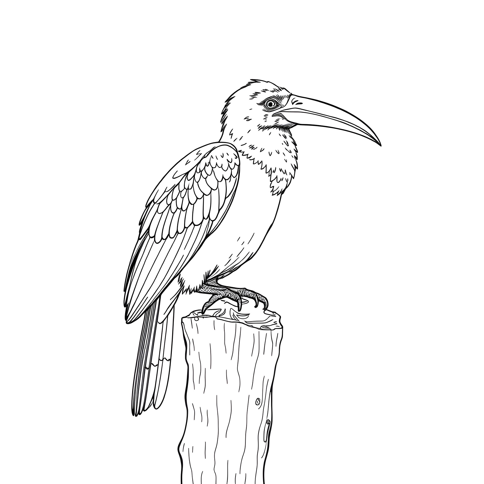 Hammer Bird Resting on Wooden Post Coloring Page (free black-and-white line drawing printable PDF for all, from beginners to advanced learners, including children, teens, adults, and seniors)