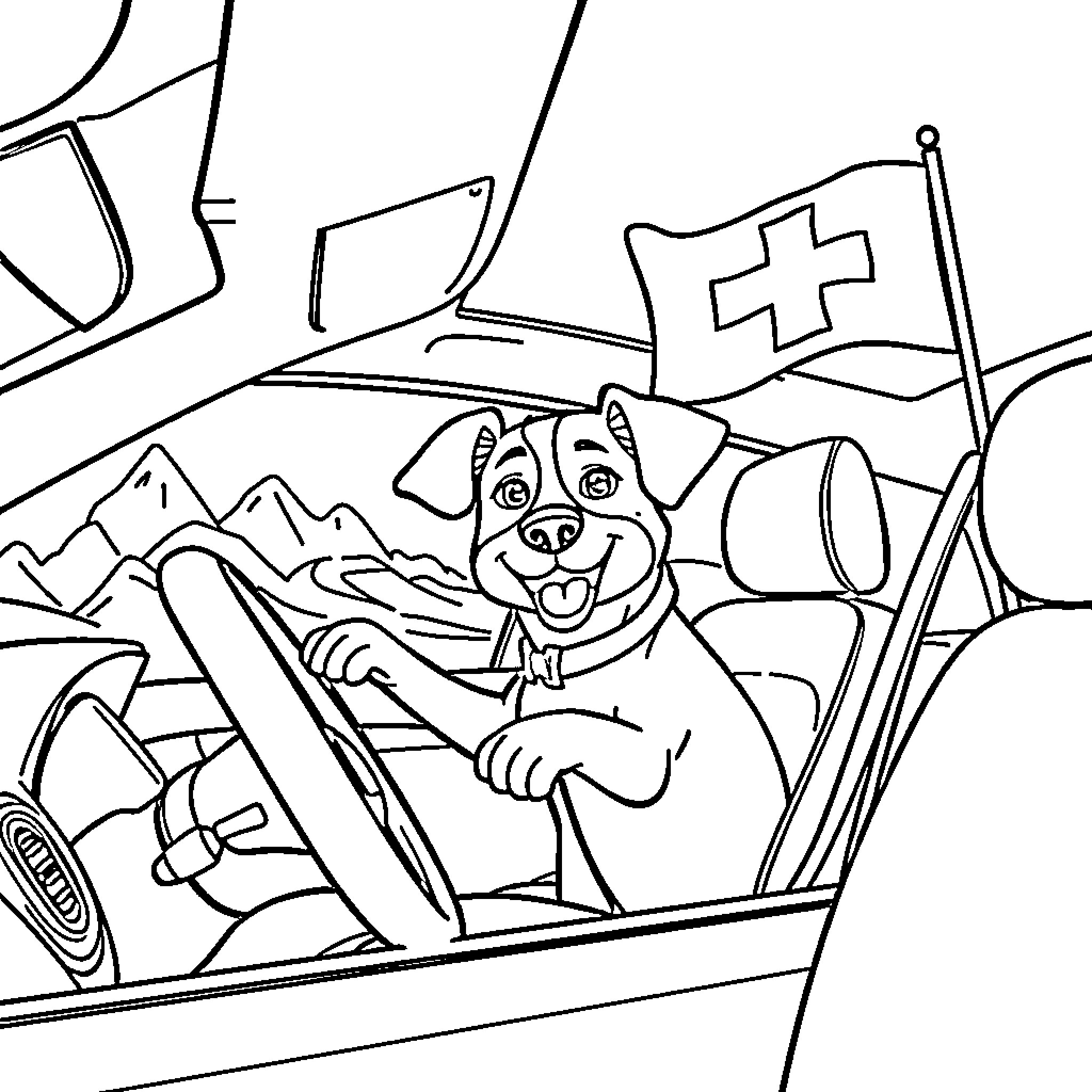 Dog driving ambulance in mountain landscape Coloring Page (free black-and-white line drawing printable PDF for all, from beginners to advanced learners, including children, teens, adults, and seniors)