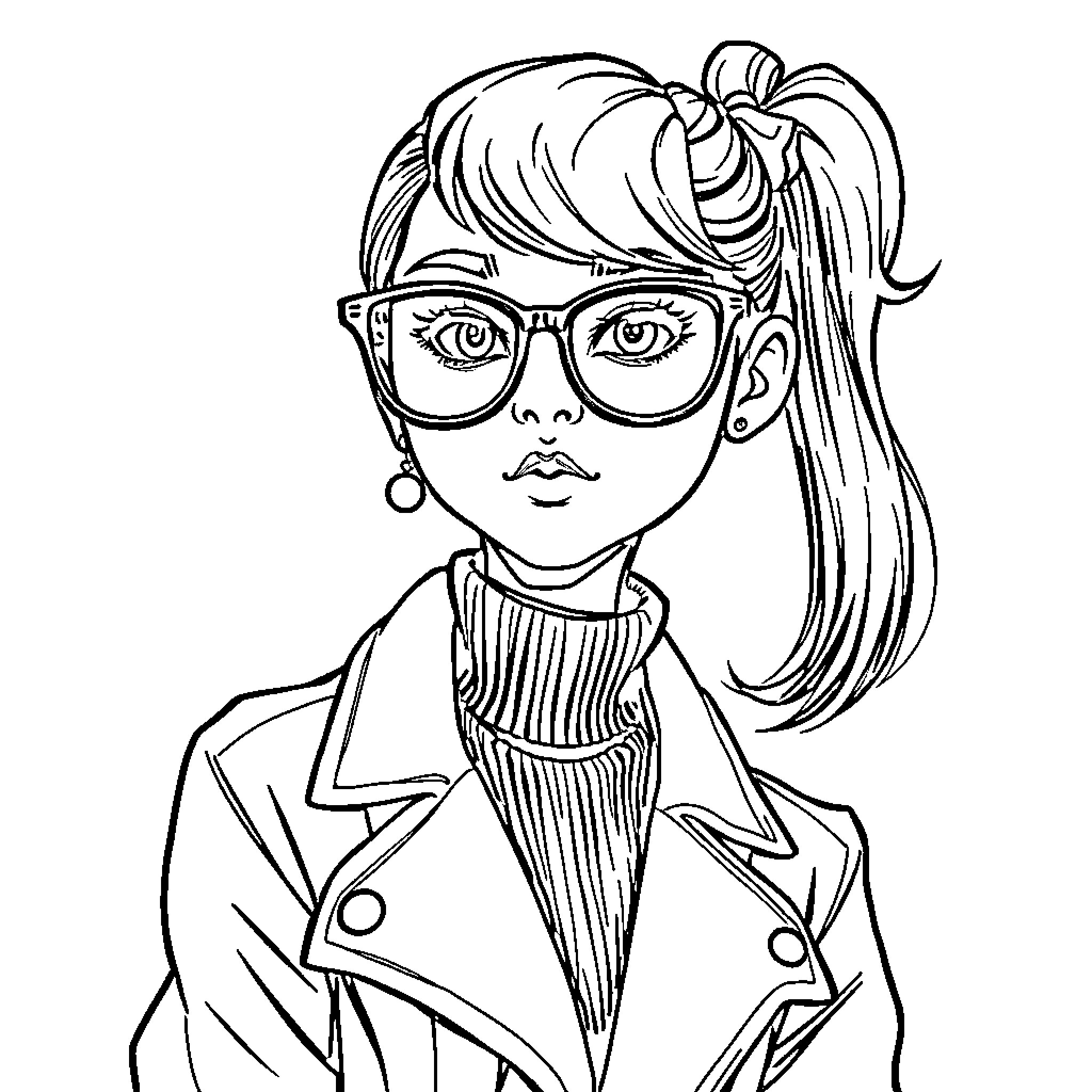 Girl with glasses and a bow in her hair Coloring Page (free black-and-white line drawing printable PDF for all, from beginners to advanced learners, including children, teens, adults, and seniors)
