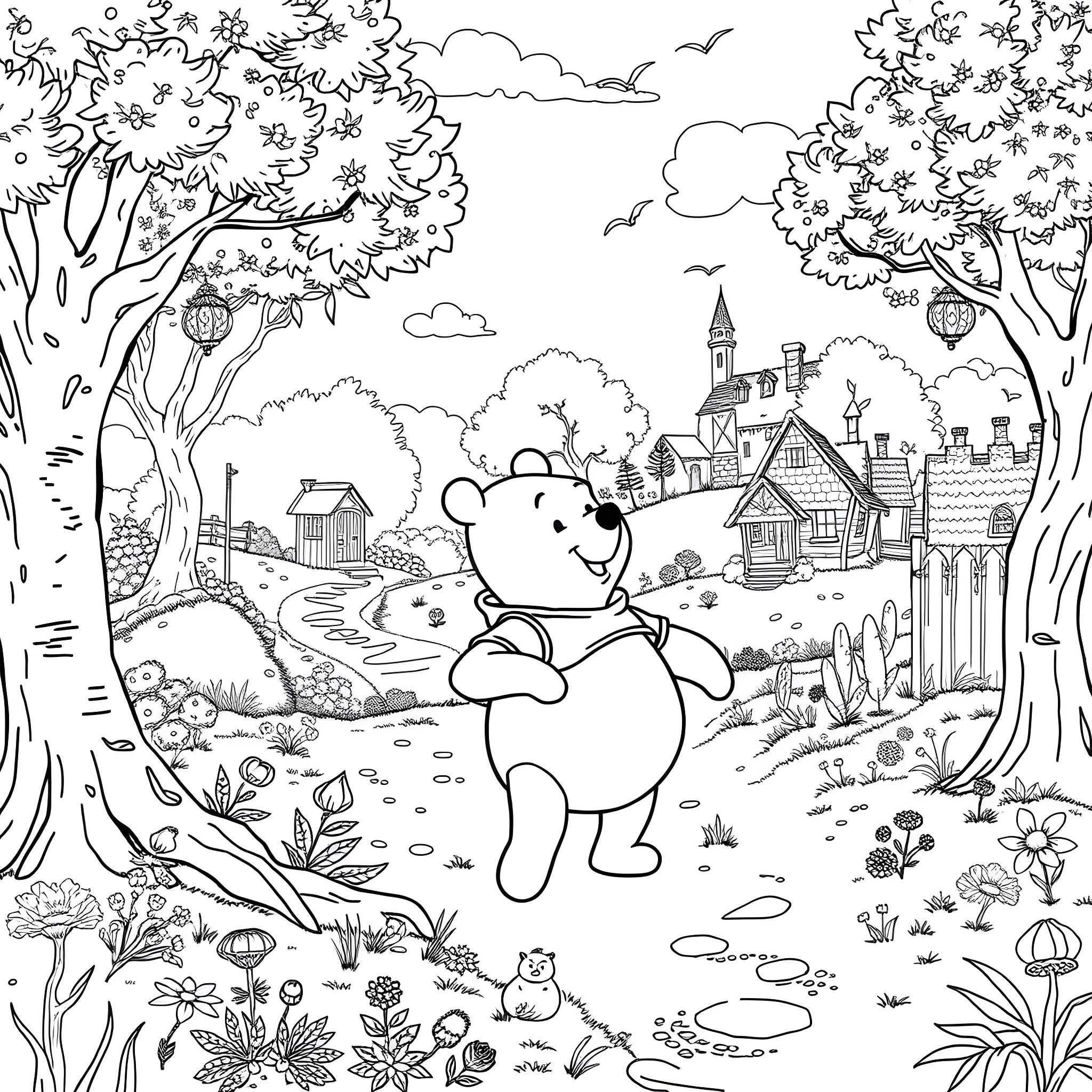 Winnie The Pooh enjoying a peaceful walk in the countryside Coloring Page (free black-and-white line drawing printable PDF for all, from beginners to advanced learners, including children, teens, adults, and seniors)